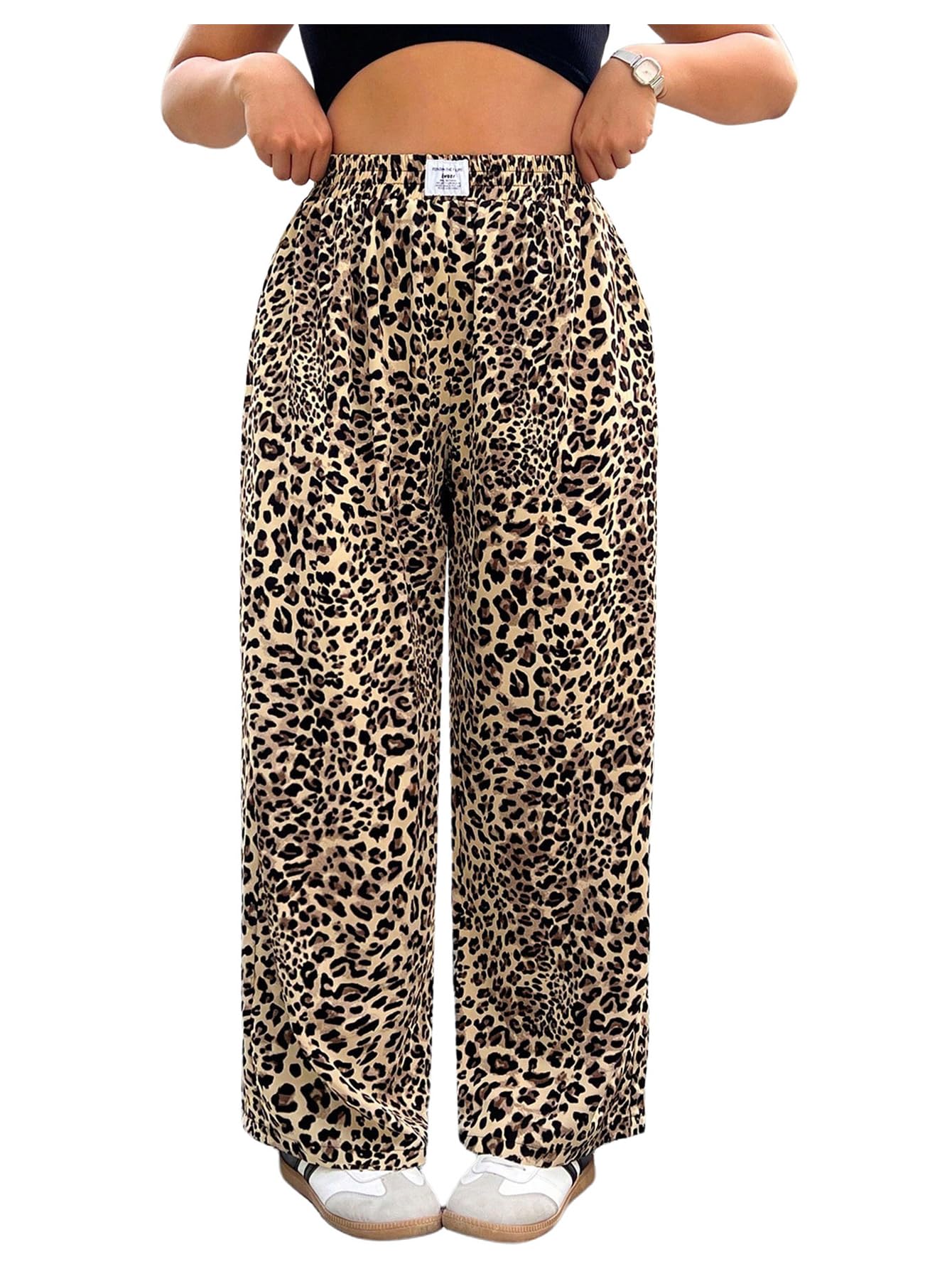 RoseSeek Women's Letter Leopard Print Y2K Straight Elastic Waist Leg Pants