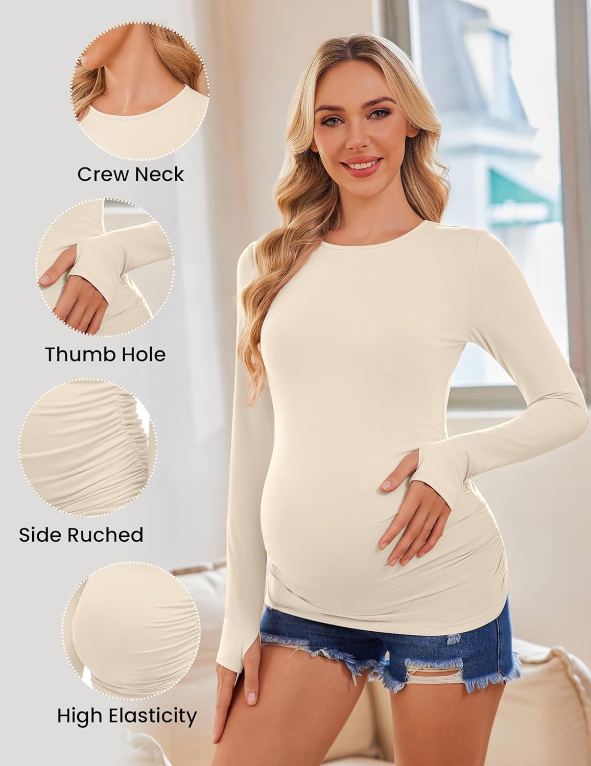 Ekouaer Womens 3 Pack Long Sleeve Maternity Shirts Crew Neck Pregnancy Clothes Side Ruched Workout Tops Casual T-Shirt S-XXL - Image 4