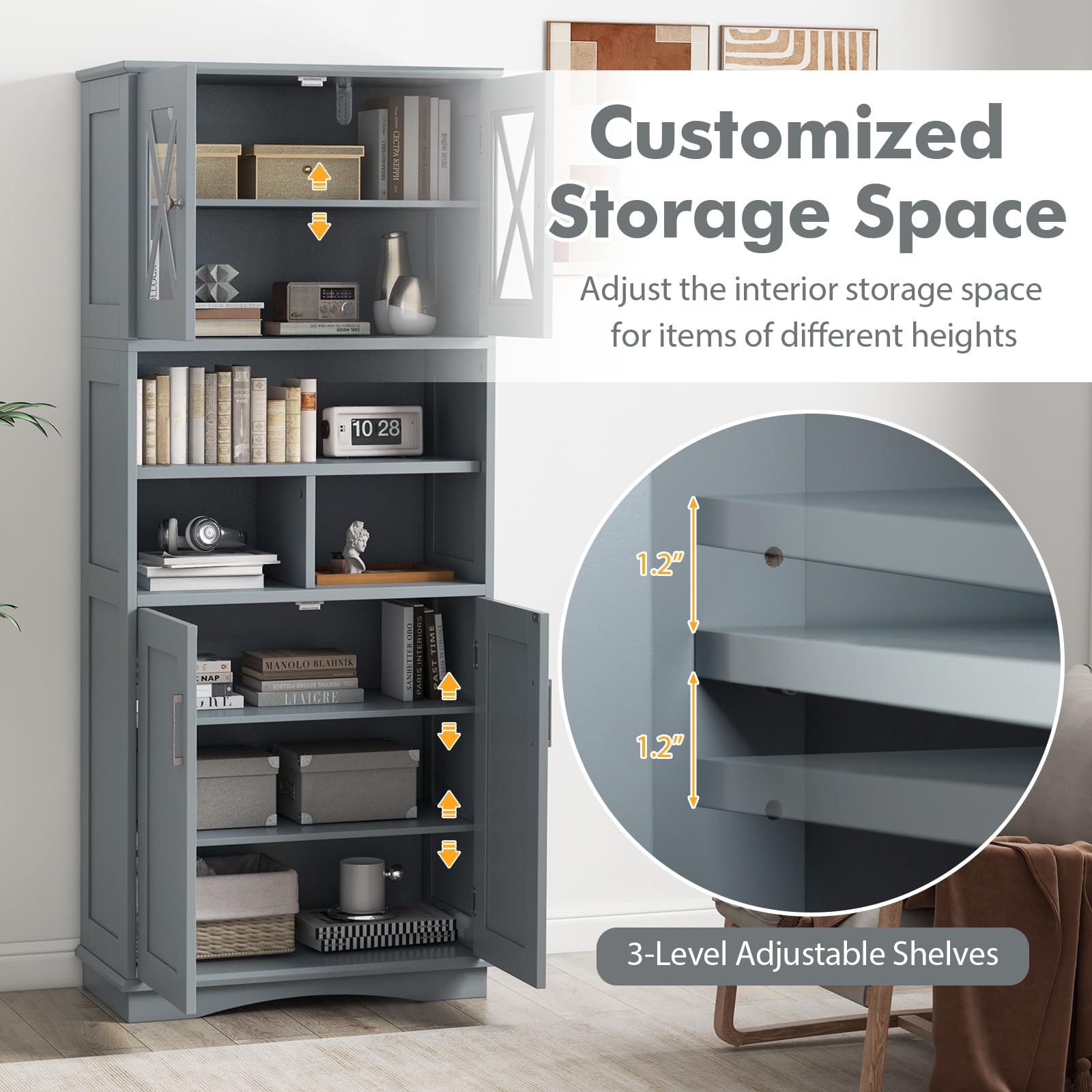 GIANTEX Badezimmerschrank, schmaler Badschrank mit 4 Türen, Verstellbarer Ablage & 3 offenen Fächern, Hochschrank für Badezimmer & Wohnzimmer (Grau,60 x 30 x 145 cm)
