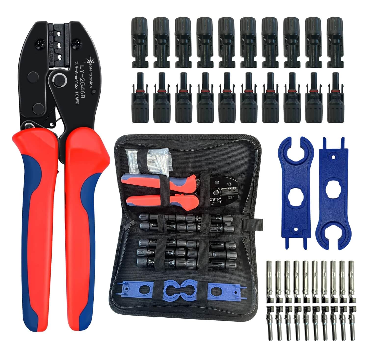 SOLARTRONICS Crimpzangenset, 10 Paar Solarstecker, Männlich/Weiblich Solarpanel Kabelstecker, IP67 Wasserdicht, Steckverbinder für 4mm² - 6mm² Solarkabel mit Solar-Spannschlüssel & Zange