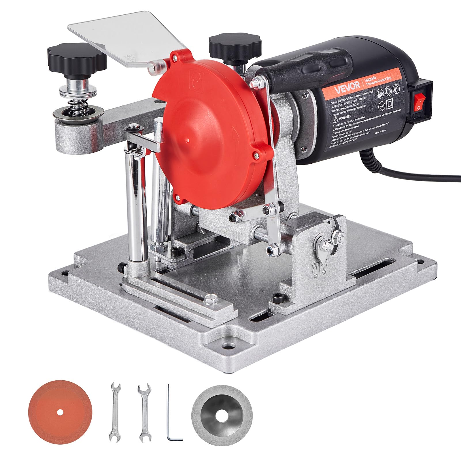 VEVOR 140W Sägeblattschärfgerät, 5700 U/min Kreissägeblattschleifer mit 100mm Schleifscheibe, Elektr. Schärfmaschine mit ±25° Einstellwinkel für 90-400mm Sägeblätter, Blattschärfer für Holzbearbeitung