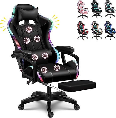 B0C4HBRJVJ_image_9 Silla LED para videojuegos, silla de juegos para computadora con altavoces Bluetooth y luces RGB, masajeador completo, silla giratoria reclinable,