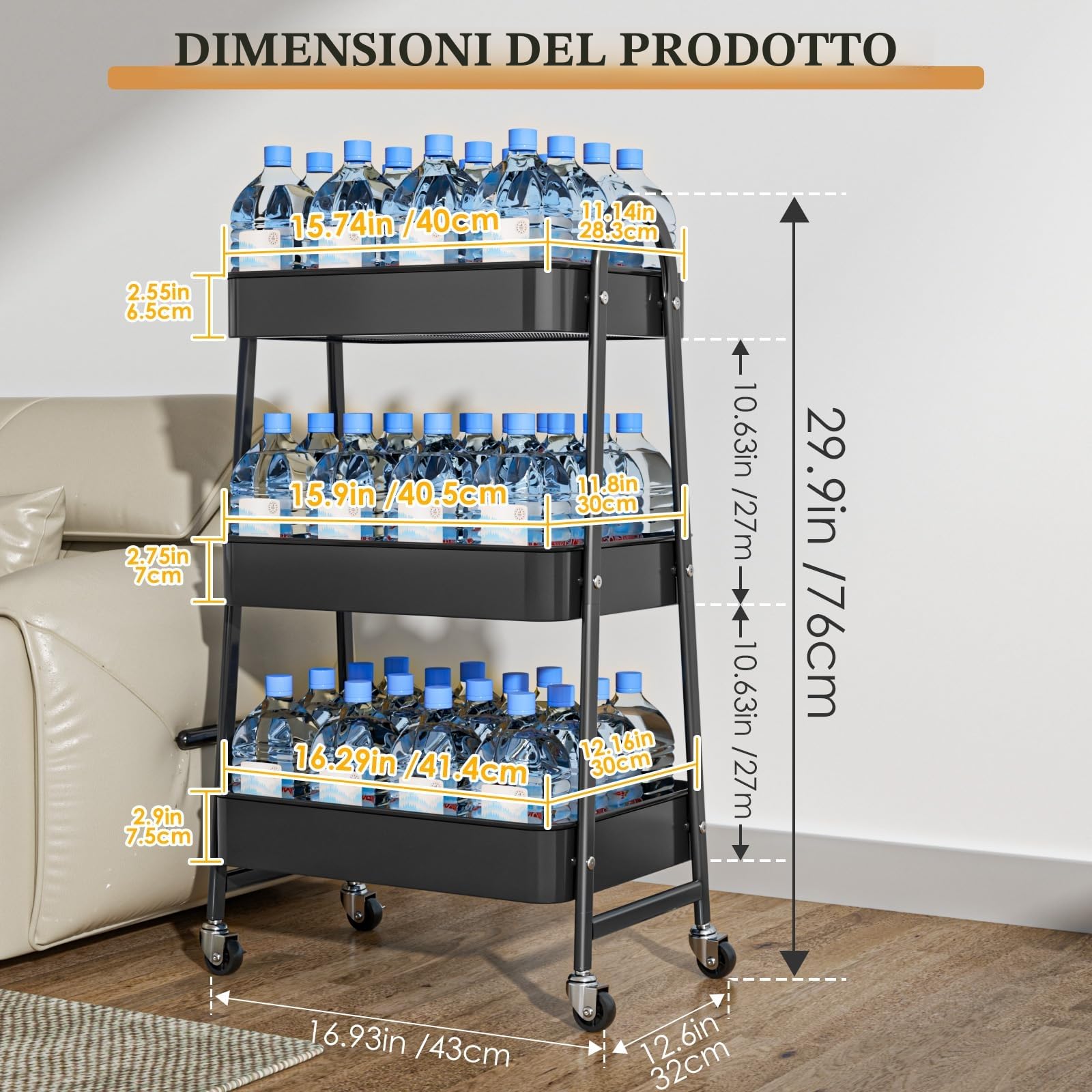 Carrello Multiuso Metallo a 3 Livelli con Ruote - Carrello Portaoggetti Carrello da Cucina Salvaspazio in Bagno, Ufficio, Nero