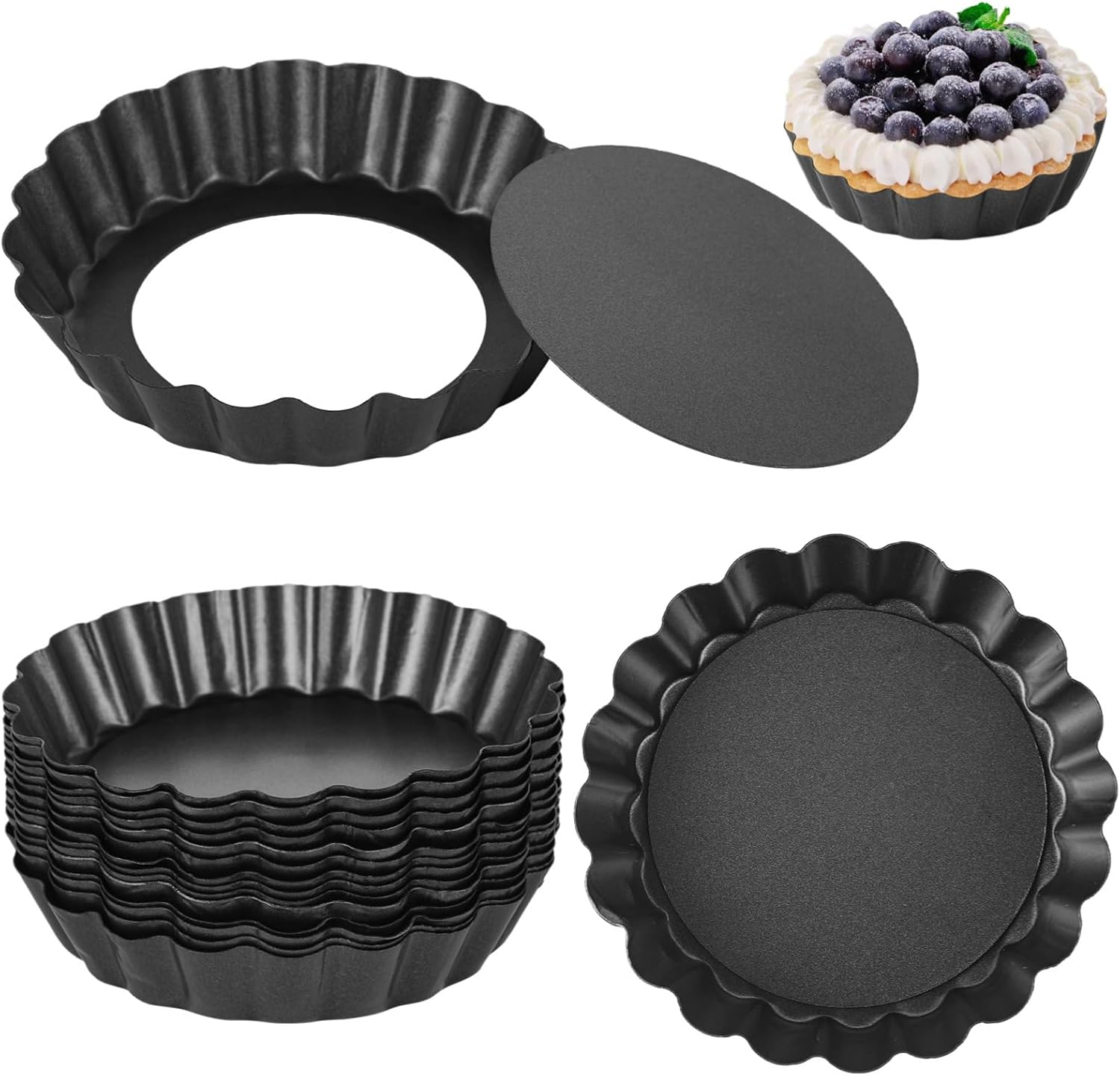 16 Mini Pie Pans, 3.9 Round Baking Molds with Removable Bottoms, Nonstick Carbon Steel Tart Pans