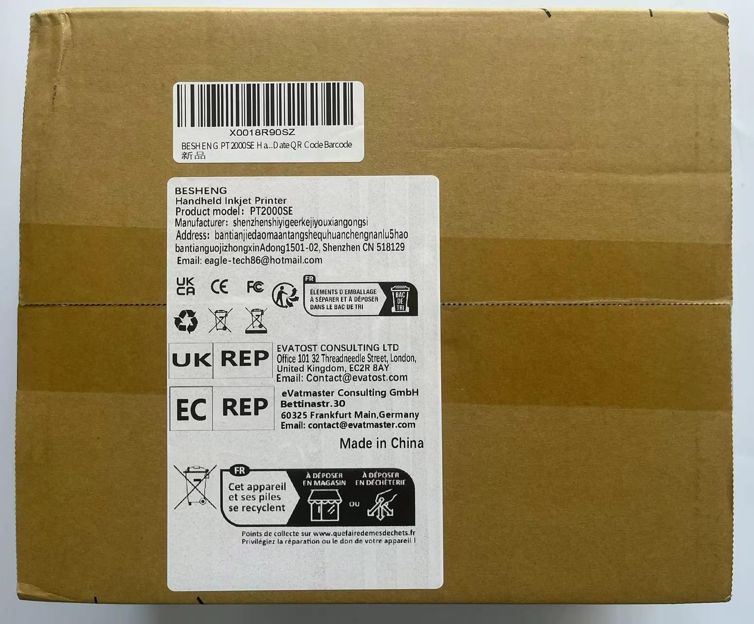 PT2000SE Imprimante à Jet d'Encre Portable avec Cartouche à Séchage Rapide pour QR Code, Logo, Date, Code-Barres