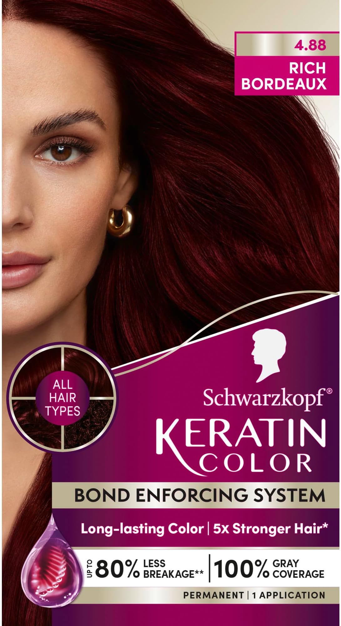 Schwarzkopf Keratin Permanent Hair Dye Cream, 4.8 Rich Bordeaux, Professional Quality Color for Up to 100% Gray Coverage, Bond Enforcing System