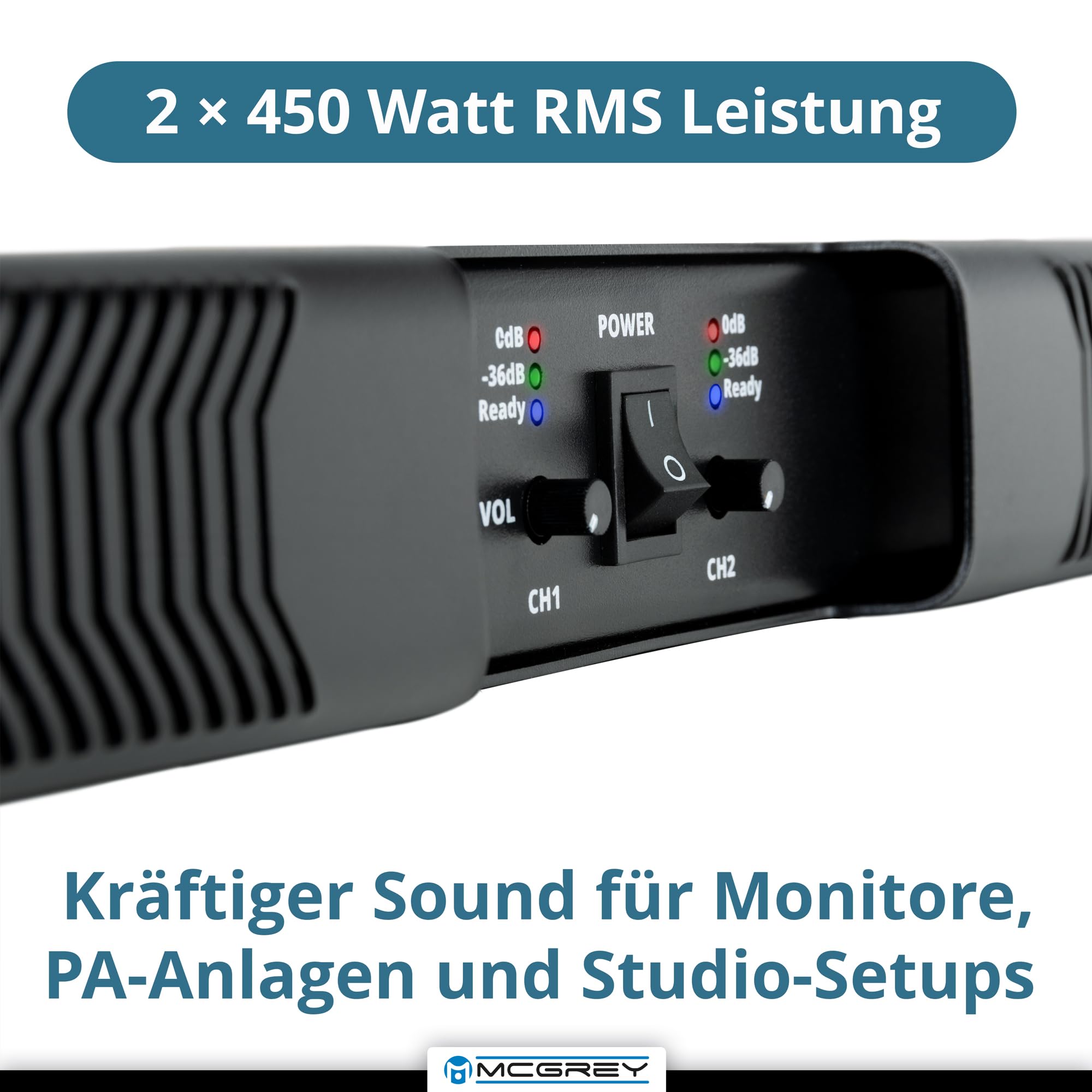McGrey PA-4502 Amplificatore 1U 2x450W Class-D, 2 canali, XLR/Speakon, protezioni, compatibile rack 19", leggero 2,8 kg — per band, DJ, eventi e installazioni fisse