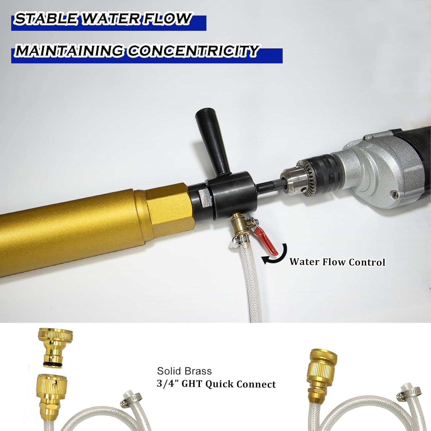 2-1/2" Wet Core Drill Bit with Water Injection Capable Adapter for 1/2" Hex Shank - Includes Solid Brass Quick Connector and Hose - Convenient 1 1/4"-7 Thread Core Bit with Water Feed Design