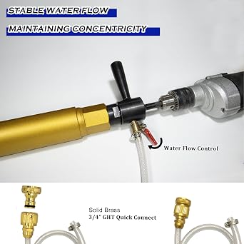 3 Wet Core Drill Bit with Water Injection Capable Adapter for SDS Plus Shank - Includes Solid Brass Quick Connector and Hose - Convenient 1 1/4-7 Thread Core Bit with Water Feed Design