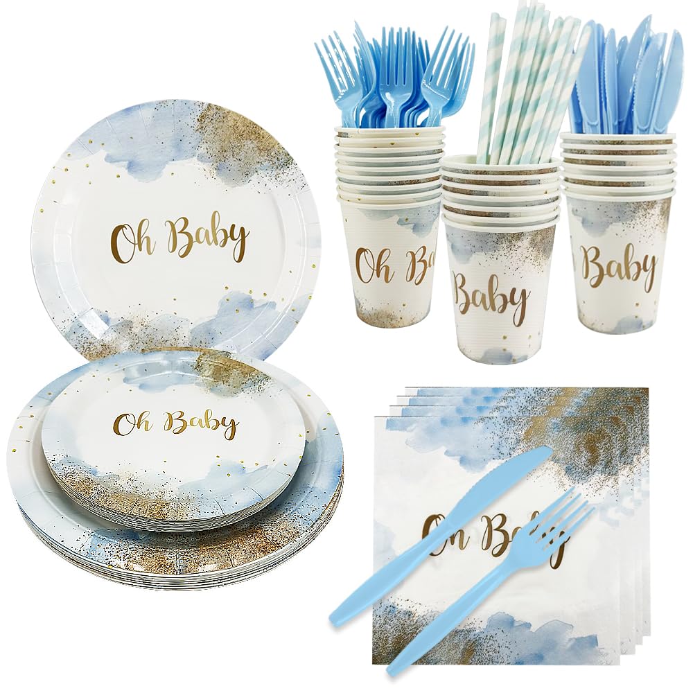 112 PCS Baby Shower Party Plates and Napkin Set for Boy Watercolor Pastel  Dusty Blue Oh Baby Party Supplies Disposable Dinnerware Baby Shower Party
