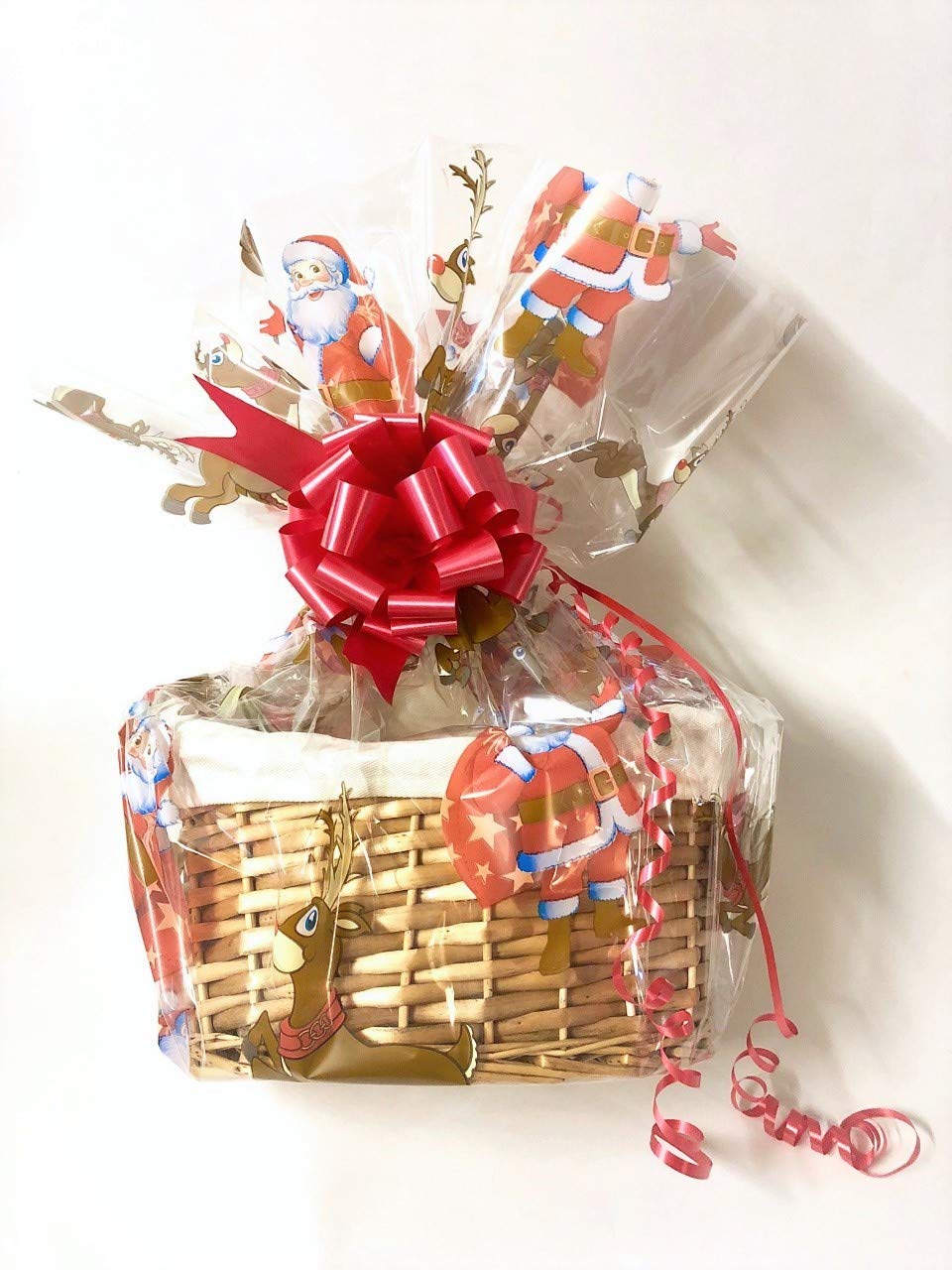 Make Your Own Hamper Kit, Santa Father Christmas Oval Buff High back Willow Basket which includes Bow & Cellophane Small, Medium Or Large, Charity Prize, Gift, Leaving Present, Wedding, Xmas (Small)