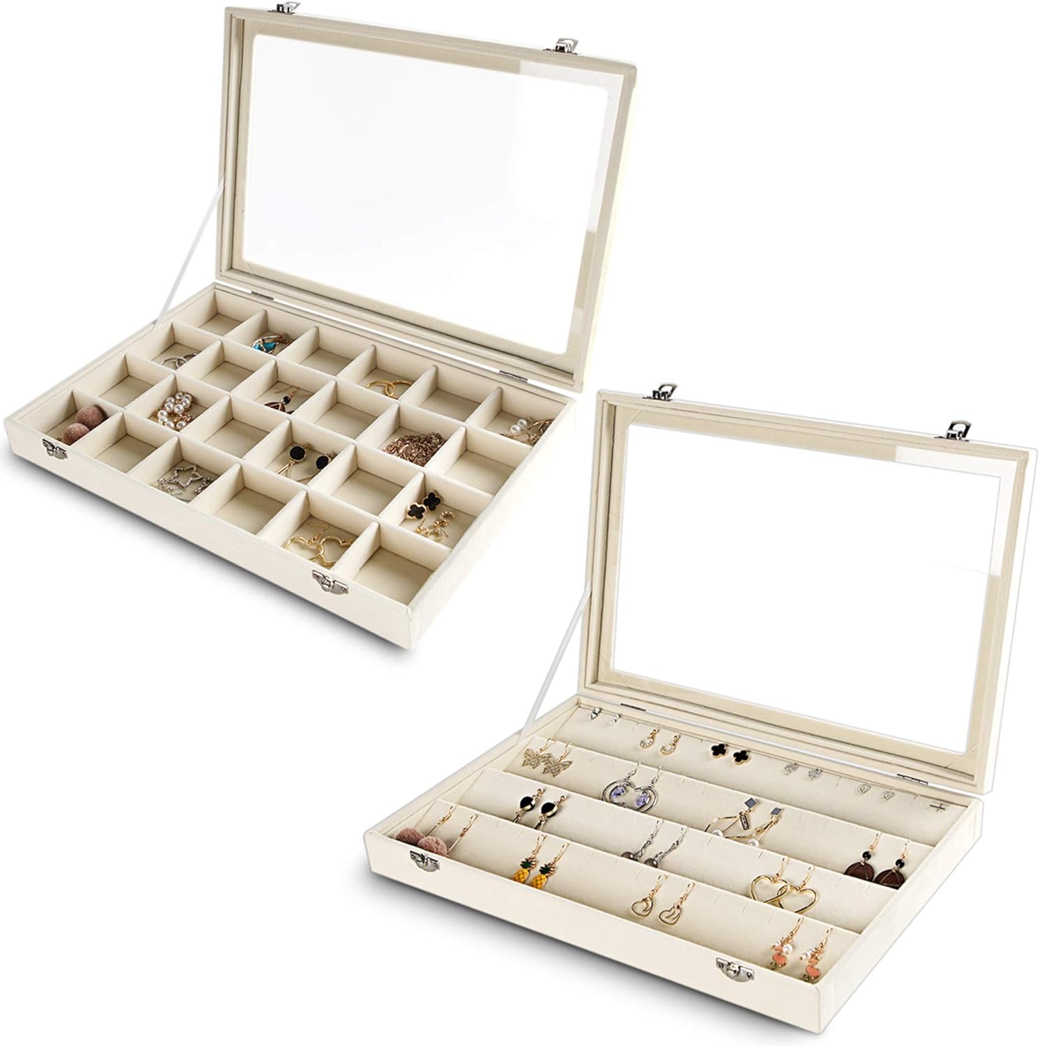 Frebeauty Jewelry Organizer Tray with Clear Lid Velvet Jewelry Storage box with Transparent Glass lid (Beige, 2 set)