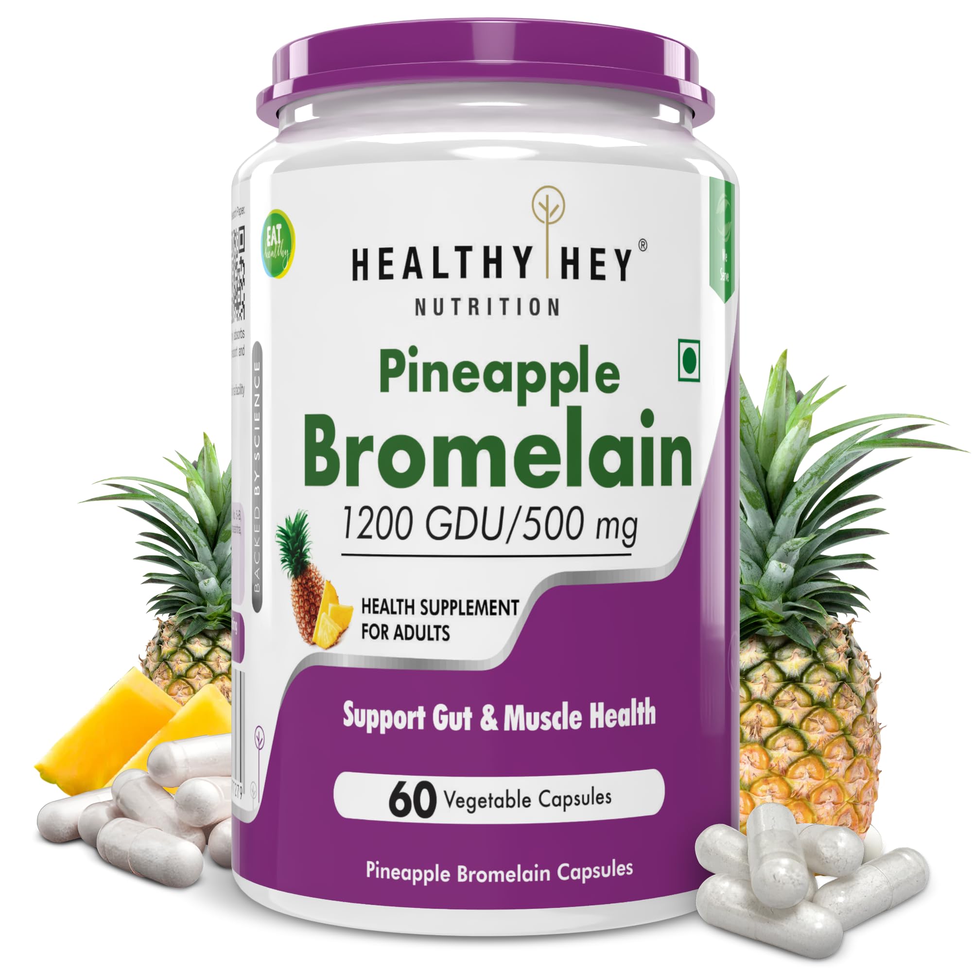 HealthyHey Nutrition Bromelain Digestive Enzyme- High Concentrate -60 Veg. Capsules (Pack of 1)