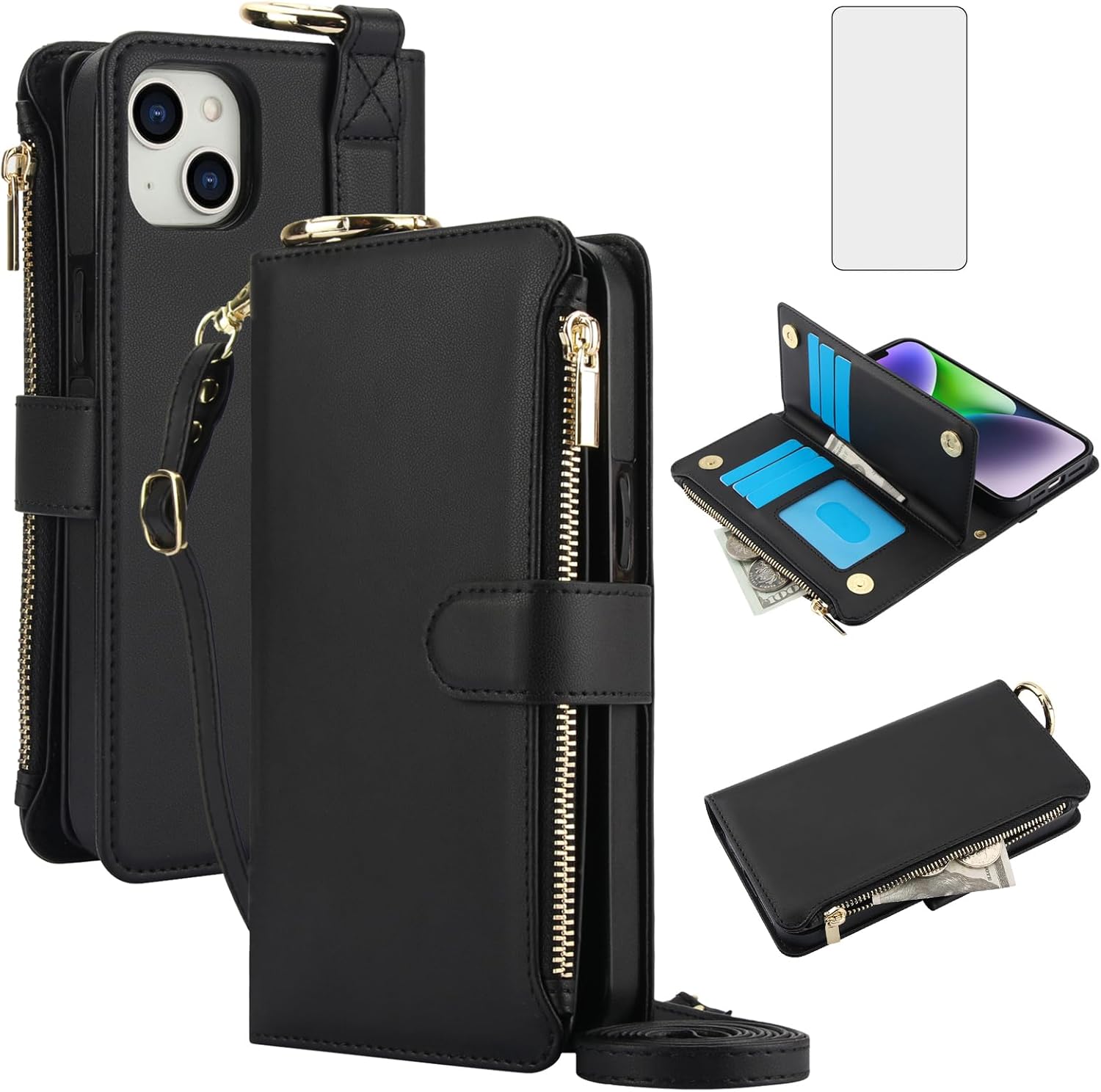 Asuwish Phone Case for iPhone 15 6.1 inch Zipper Wallet with Tempered Glass Screen Protector Crossbody Strap Card Holder Stand Flip Cell Cover iPhone15 5G i i-Phone i15 15Case Women Girls Black