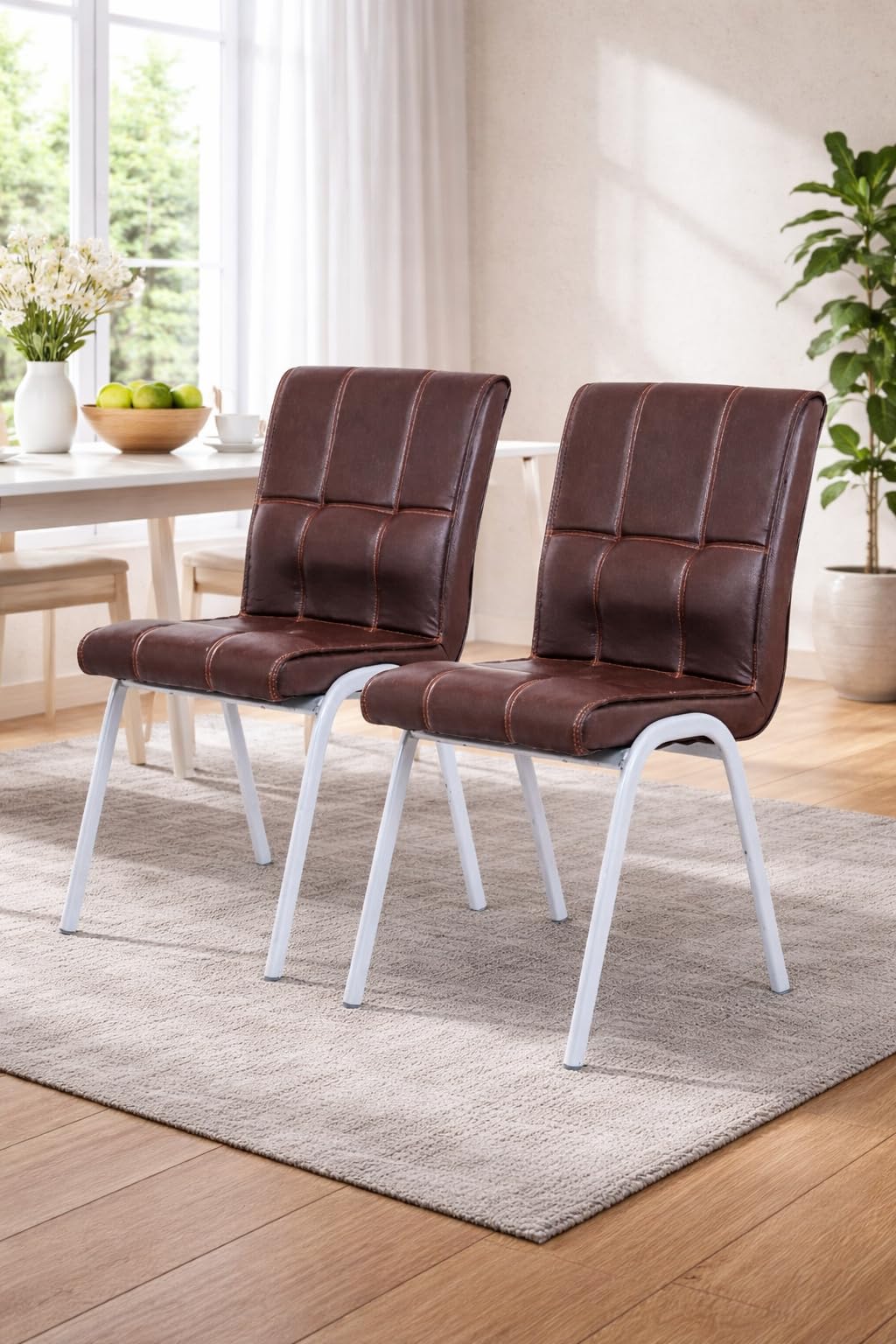 Zidle Glance Visitor Dining Accent Chair for Home| Living Room| Dining Room| Leatherette Faux Leather with Cushion seat Back | Silver Coated mild Steel Frame (2, Brown)-image-44