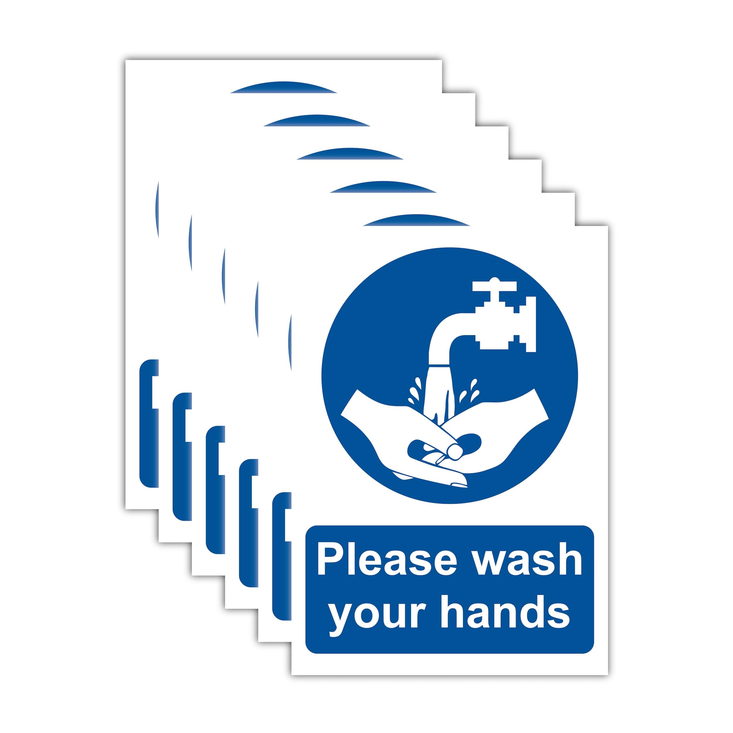 148 x 210 mm Pack of 6 Please Wash Your Hands Sign Stickers – Self Adhesive Polypropylene Glossy Laminated Wash Hands Notices, Hygiene Signs for Toilets & Kitchens, A5 Size