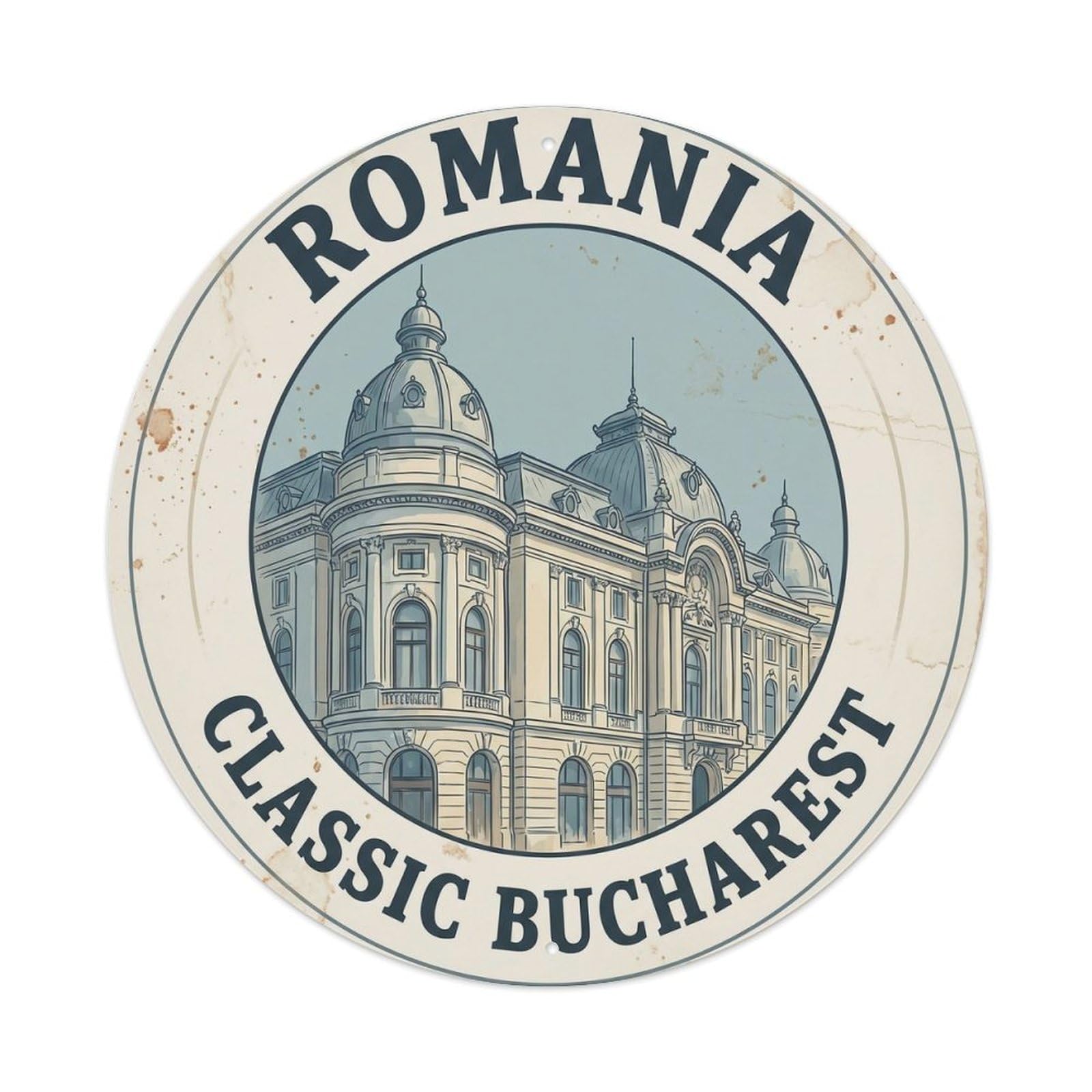 Romania Oldtown Historic Tourism Classic Destination Metal Tin Sign Plaque Wall Decor for Cafe, Man Cave, Club Bar, Office, Home Garden Round Metal Poster 8x8Inch