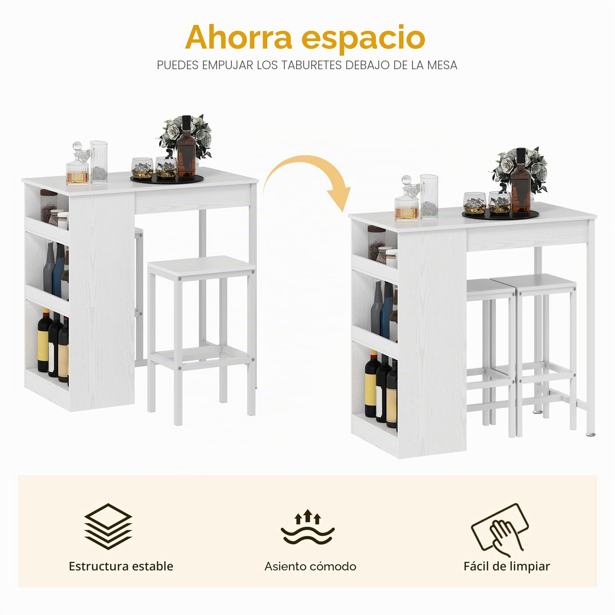 DWVO Barra de Desayuno, Mesa de Bar con 2 taburetes y Estante de Almacenamiento, Juego de Mesa de Bar de Estilo Industrial para Cocina, Comedor, Pub, Color Blanco | Juego de barra de desayuno, estante de almacenamiento para cocina, comedor, pub, marco de