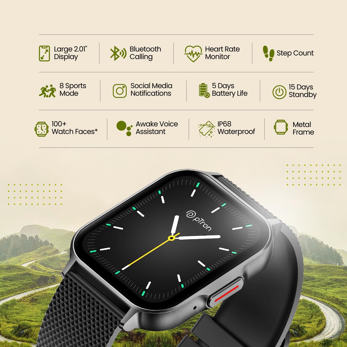 pTron Newly Launched Reflect Classic inch Square Dial Smartwatch,  Bluetooth Calling, Full Touch Display, 600 NITS, Metal Frame, 100+ Watch  Faces