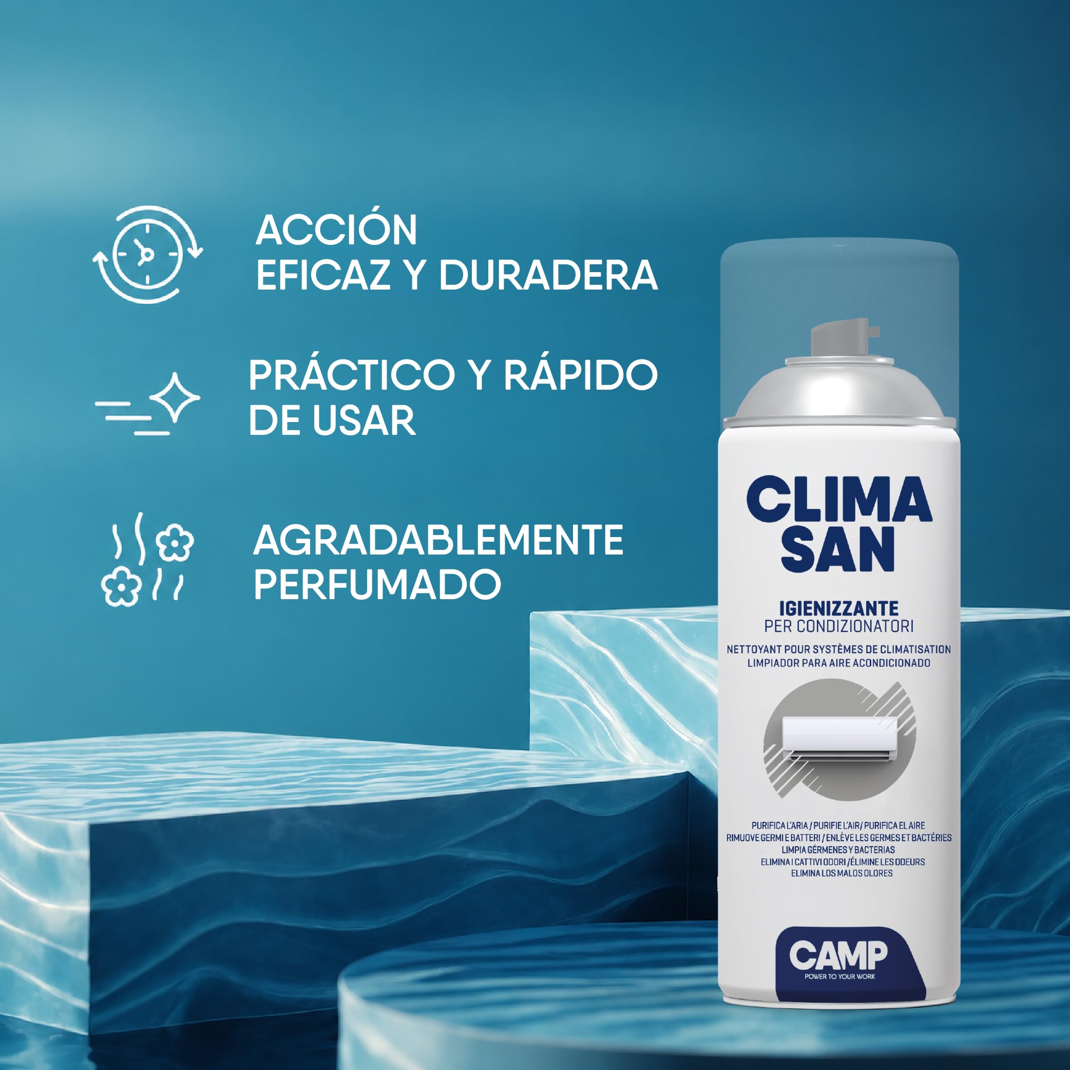 CAMP Climasan Limpiador – Limpiador Aire Acondicionado Casa, Spray para Climatizador Ideal para Remover Gérmenes y Bacterias, Limpieza Aire Acondicionado a Acción Purificadora, Made in Italy, 400 ml