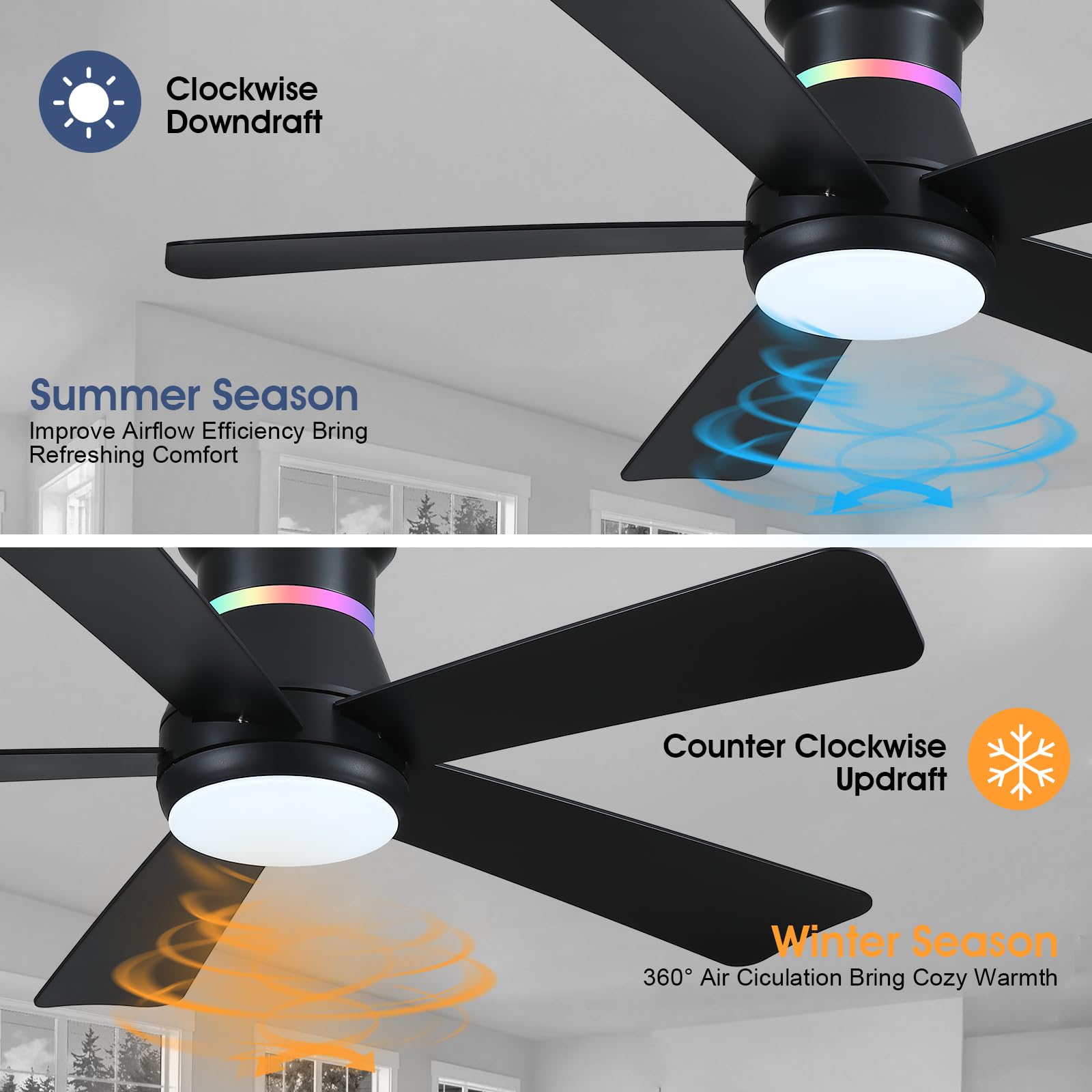 Surtime 117CM Ventilatori a soffitto con luci RGB - Fan a soffitto a montaggio a flush con LED 3CCT dimmabile, ventilatori a soffitto moderni per festa all'interno(Nero)