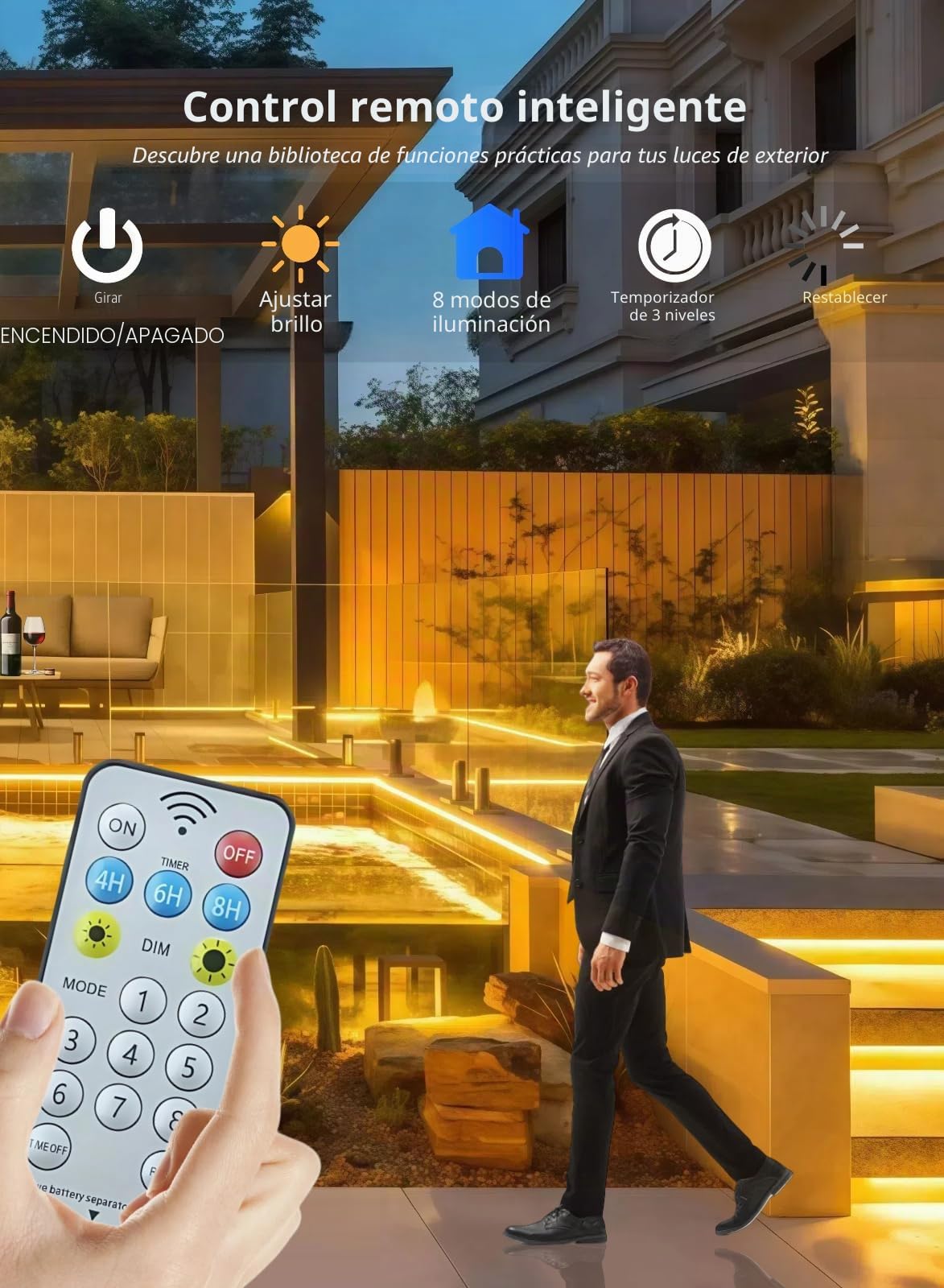 Gaoxun Tira de luces LED solares de 32.8 pies para exteriores, 640 LED, luz blanca cálida flexible con control remoto, regulable, 8 modos, cuerda de luces impermeables IP68, autoadhesivas, para jardín