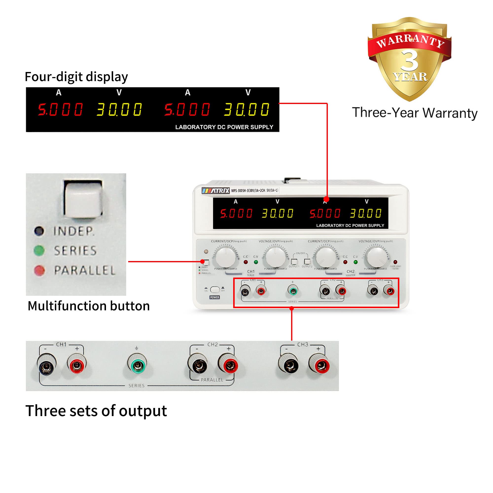 MATRIX MPS3005H3 Adjustable Linear Benchtop DC Power Supply Digital Regulated Lab Grade 30V 5A