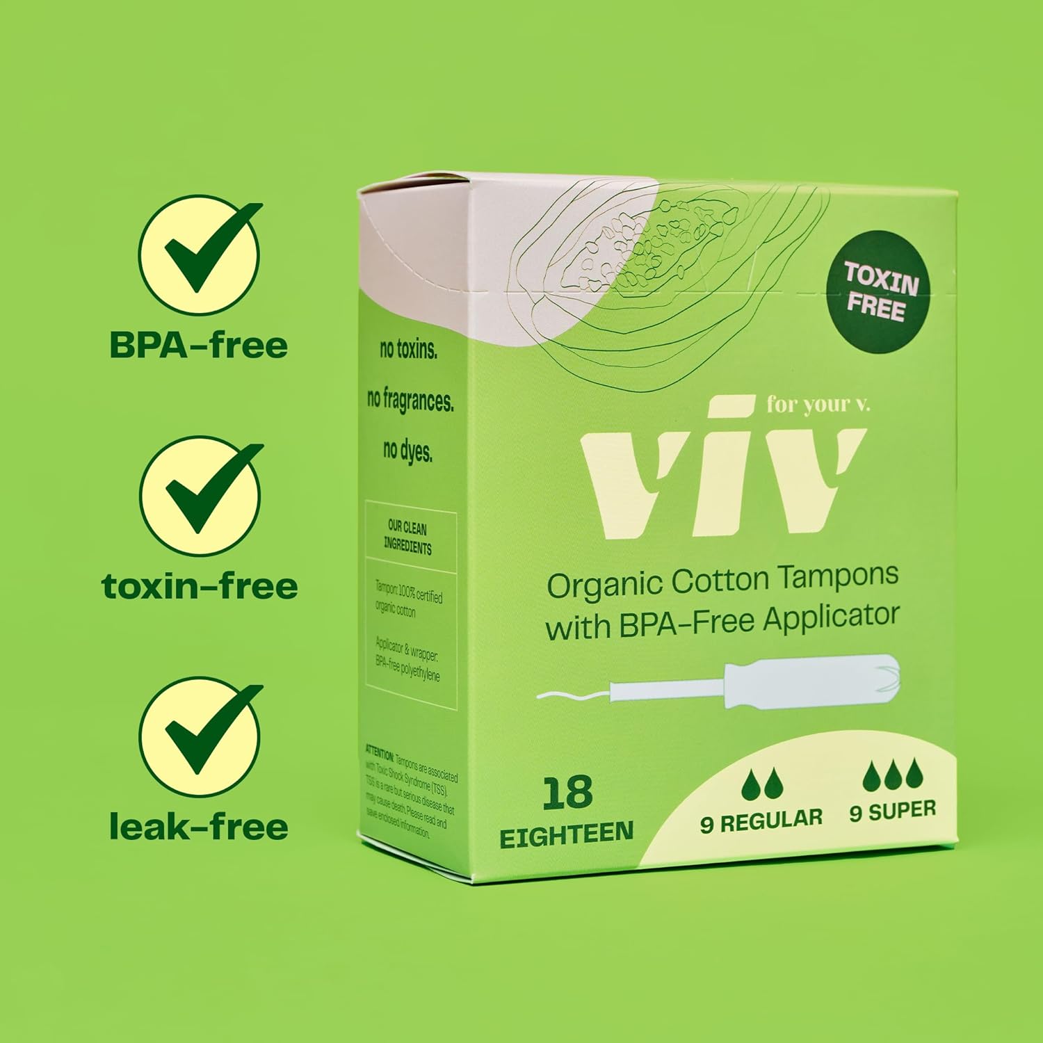 Viv for Your V Organic Cotton Tampons with BPA-Free Applicator | Toxin and Fragrance Free | Combo Box | 9 Regular and 9 Super Tampons (18 Total)