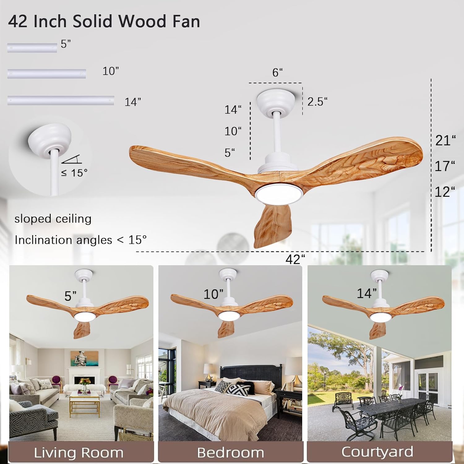 Ceiling Fans with Lights and Remote,42 Inch Unique Wood Ceiling Fan with Noiseless Reversible DC Motor,3 Blades,3 Downrods, for Farmhouse,Patio Living Room,Bedroom,Office,Indoor Outdoor(White+Wood) 42 inch White + Natural Wood