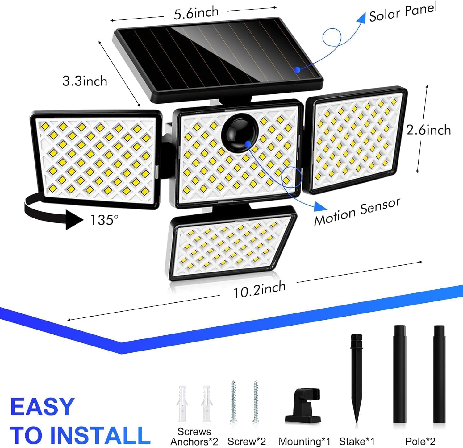 AmeriTop Solar Lights Outdoor, 4 Heads Motion Sensor Security Lights, Wide Angle Flood Wall Lights, Solar Outdoor Lights Weatherproof for Garden Pathway 2 Pack
