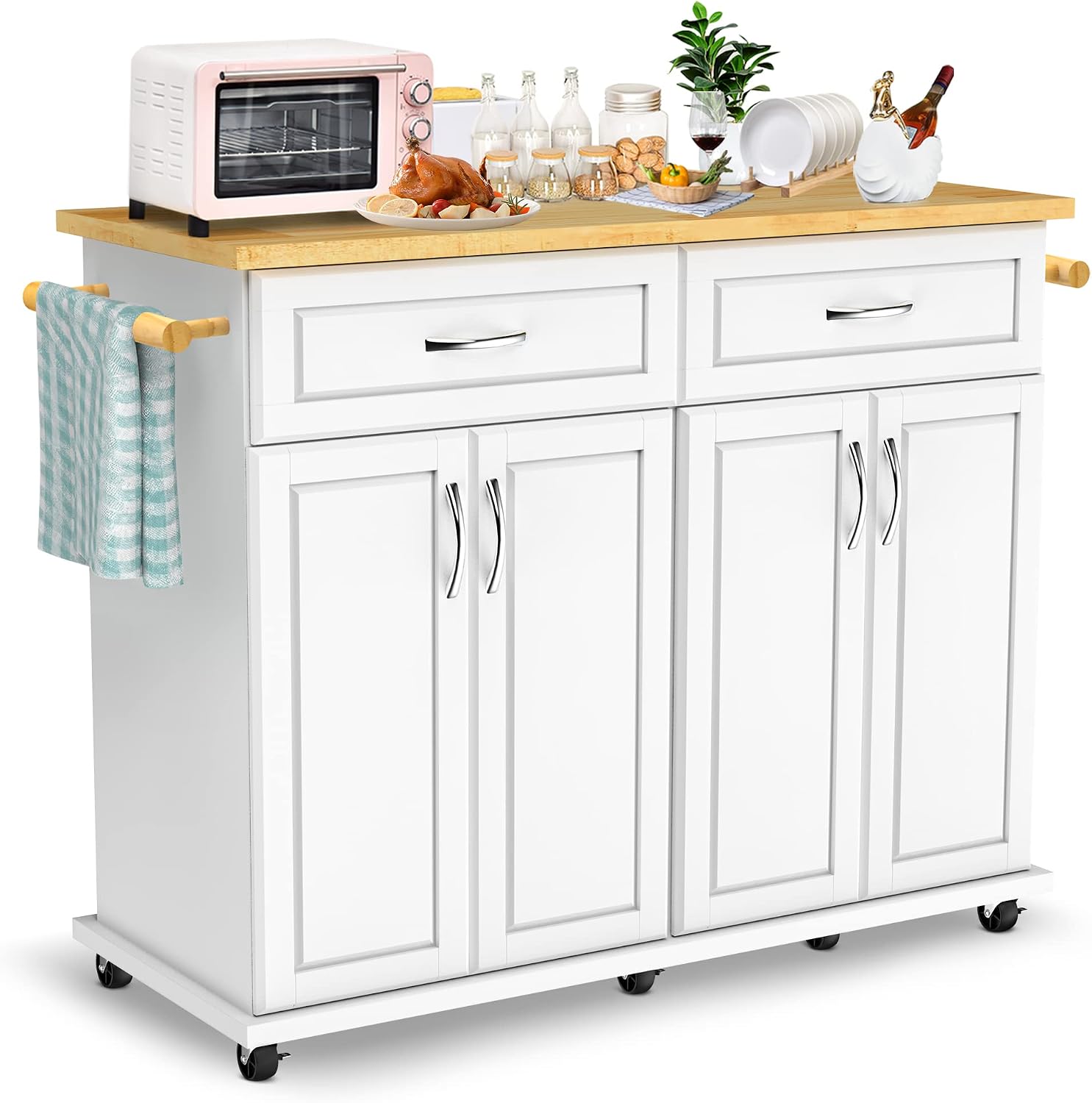 Codesfir Kitchen Island Cart with Storage Cabinet, Kitchen Island on Wheels with Drawer and Towel Rack, Rubber Wood Top, L48xW18xH36 Inches, White