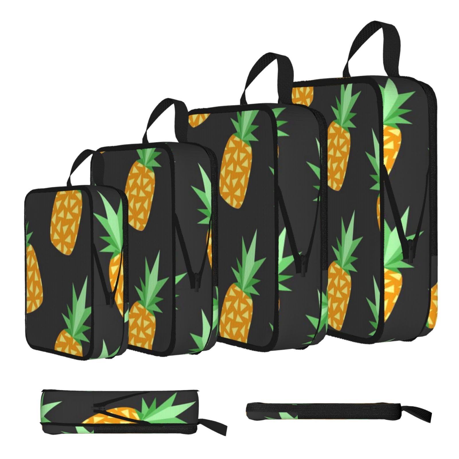 Yellow Pineapple Print Compression Packing Cubes 4-Piece Set With Multi- Compartment Travel Bag, Waterproof Suitcase Organiser Bags