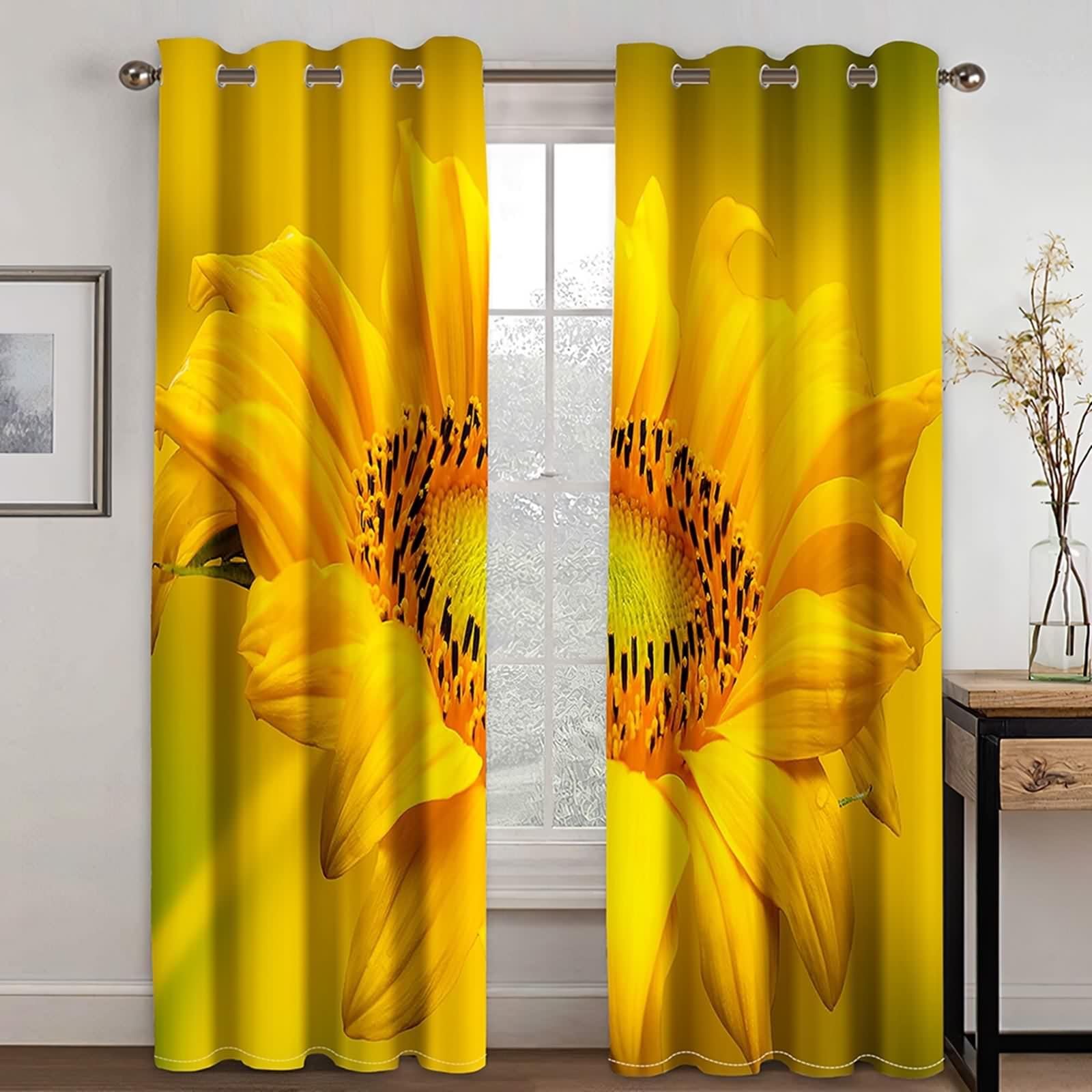 Rideau Jaune Occultant, Rideau Occultant Salon Polyester Tournesol Décoration Chambre 96L x 138H CM Lot de 2