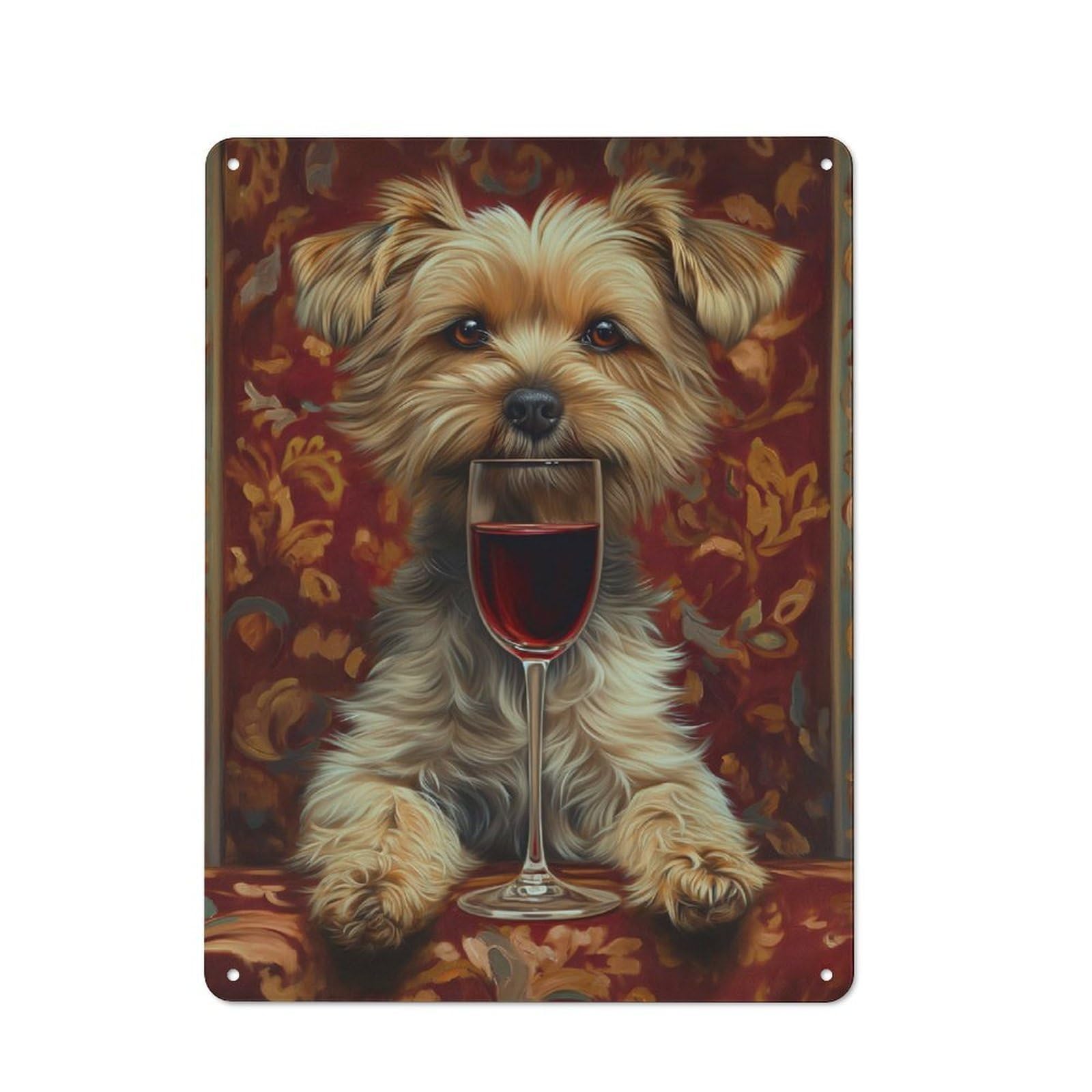 Garage Style Decorative Metal Plaque 40x30cm Featuring Terrier Dog Drinks Wine, Garage Wall Decor for Garage, Workshop, Shed Or Utility Room