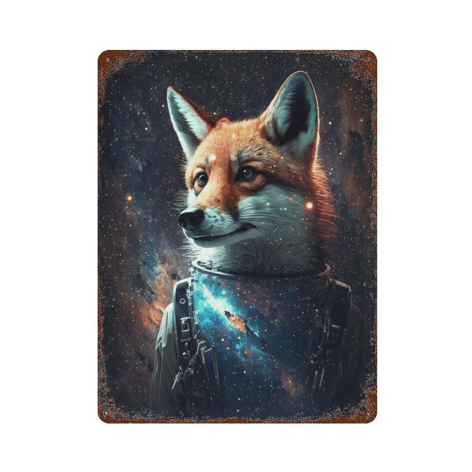 Cosmic Fox Astronaut Art Print Aged Metal Wall Plaque 15.7"x11.8", for Office, Studio And Wall Decor, Novelty Wall Decor