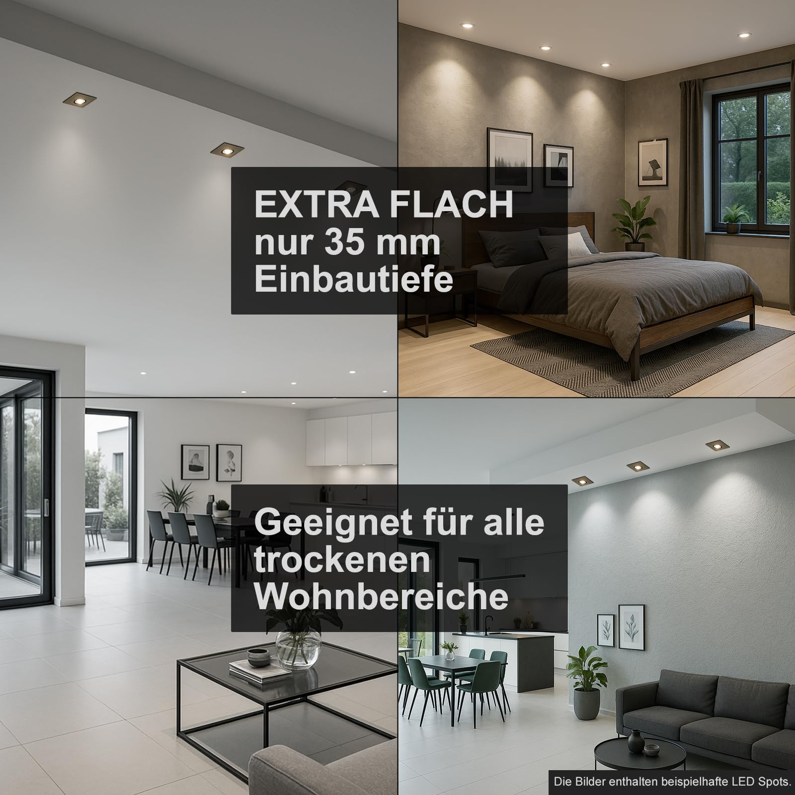 trendlights24 Carree LED Decken Einbaustrahler flach 35 mm 5W 230V 5er Set | Edelstahl Optik, eckig, Neutralweiß, 4000k, 50° Abstrahlwinkel, Spot, austauschbar, Einbauspot, schwenkbar, 68mm Lochmaß
