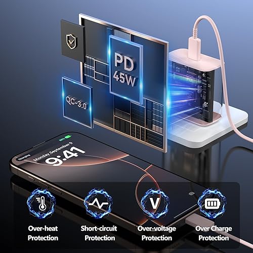 Miniatura 6 de Cargador de teléfono 17 de carga rápida, 45 W súper rápido USB C cargadores bloque con cable tipo C de 10 pies para teléfono 17/17 Pro/17 Pro