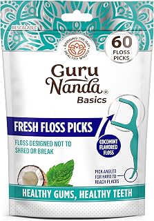 GuruNanda Fresh Floss Dental Picks, 60 Pack - Non-Shred Floss, Angled Pick for Plaque Removal, Dentist Recommended, Travel-Friendly