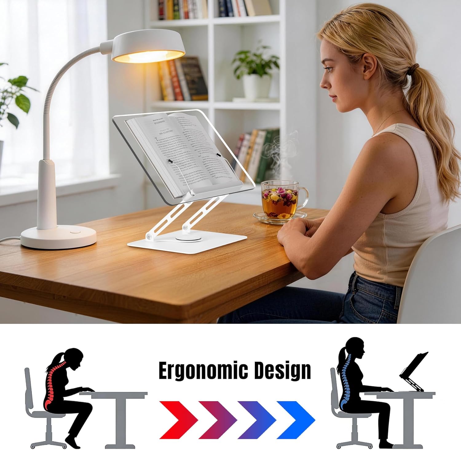 HAUTOCO Adjustable Acrylic Book Stand for Reading, 360° Rotating Base, Foldable Desktop Book Holder with Elastic Page Clips, Hands-Free Cookbook Stand for Laptop, Tablet, Recipe, Textbook, Music Score