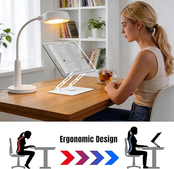 HAUTOCO Adjustable Acrylic Book Stand for Reading, 360 Rotating Base, Foldable Desktop Book Holder with Elastic Page Clips, Hands-Free Cookbook Stand for Laptop, Tablet, Recipe, Textbook, Music Score