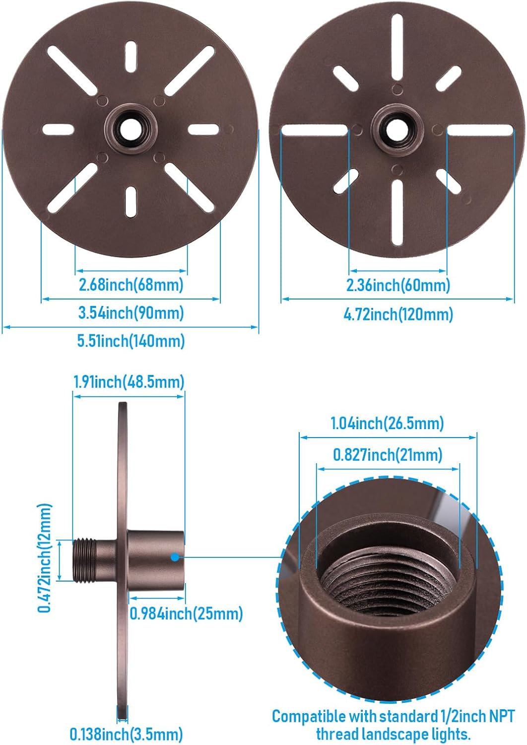 LEONLITE Filigree Solid Cast Brass Pathway Lights Bundle Low Voltage Landscape Path Light Stability Plate, 2 Pack 12V Path Light for Yard & 6 Pack 1/2" NPT Thread, Aluminum, for Landscape Path Light