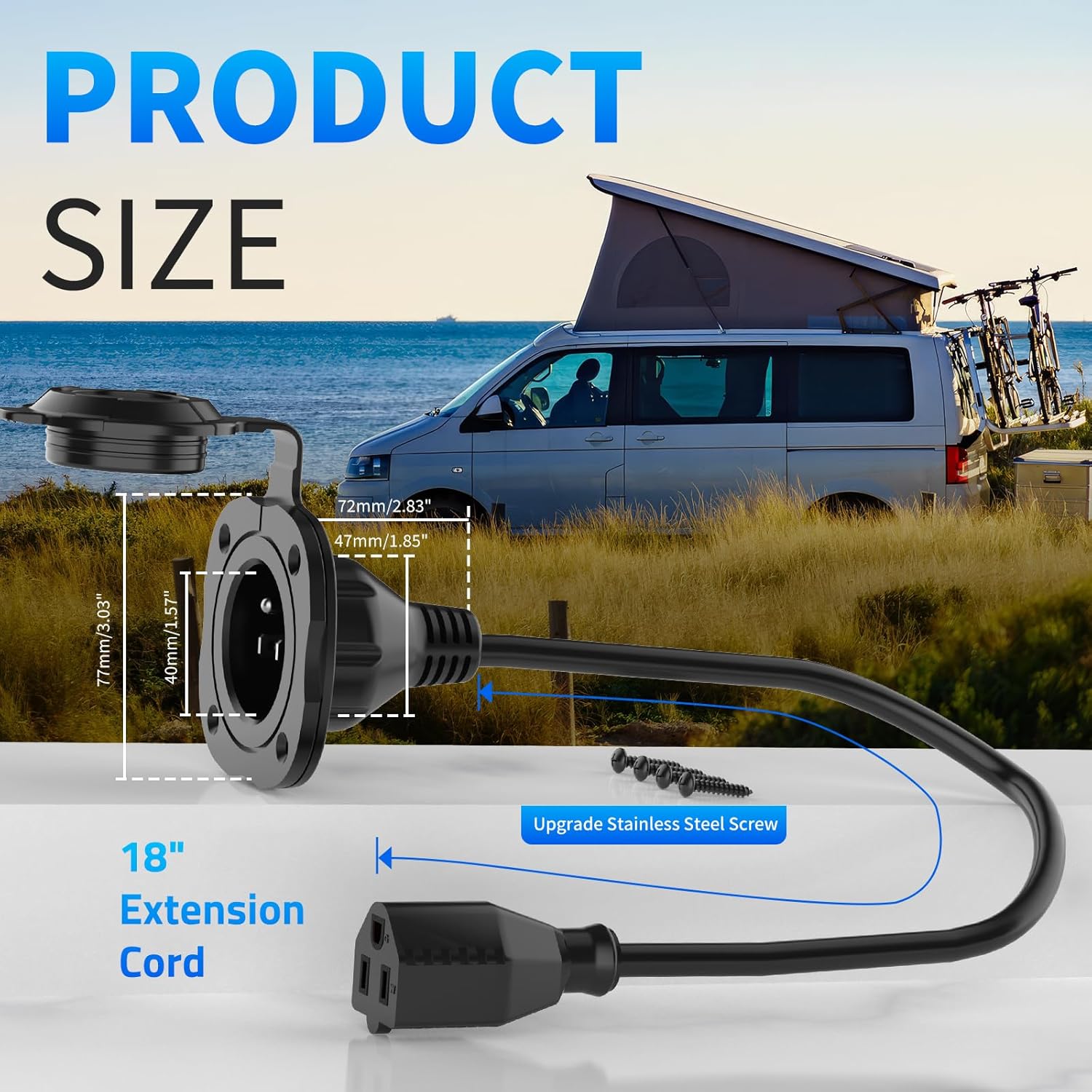 BEBOBLY 15 Amp AC Port Plug, 125V Power Inlet Socket with Waterproof Cover & Integrated 18" Extension Cord, 2 Pole 3-Wire NEMA 5-15 Flanged Generator Inlet Plug for RV Boat Electrical Connections