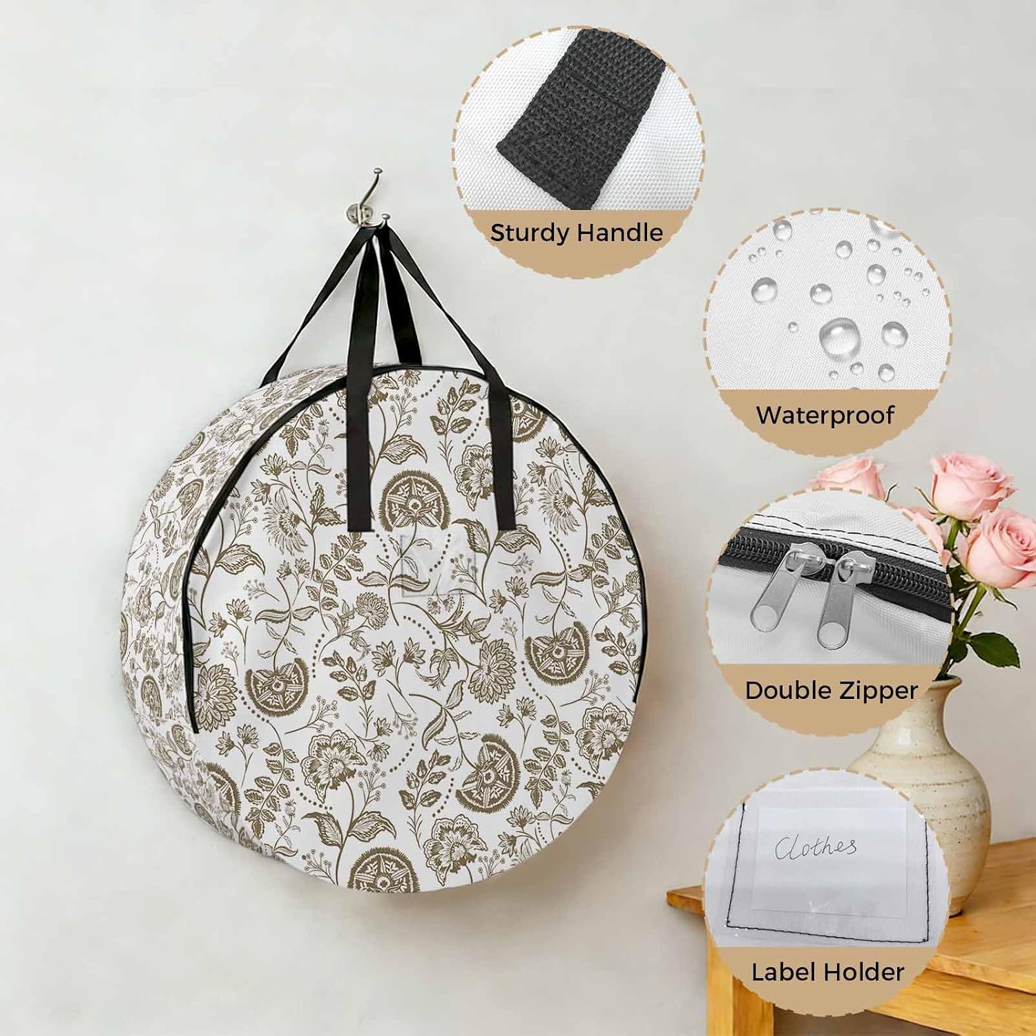Pastoral Flower Round Storage Bag 24 Inch, Brown Flower Farm Vintage Linen Texture Clothes Storage Container with Handles Heavy Duty Organizer for Comforter, Bedding & Holiday Wreaths