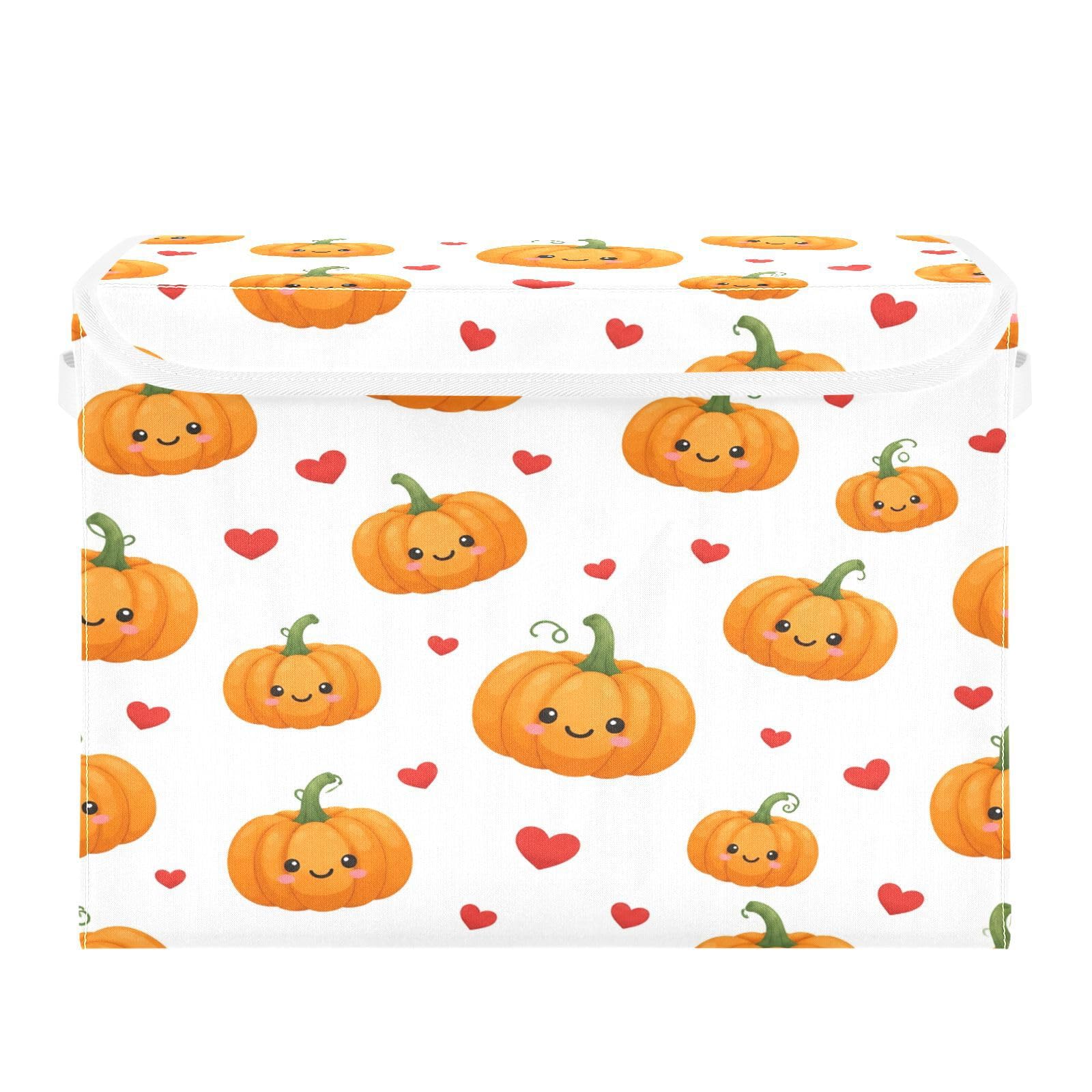 Ewusp Halloween Pumpkins Fabric Storage Bin with Lid, Decorative Foldable Storage Basket with Handles, Stackable Closet Shelf Organiser Box for Clothes, Books, Bedroom, Living Room