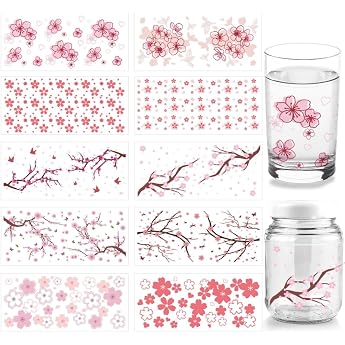 arricraft 10 Sheets Cherry Blossom UV DTF Cup Film for 16 oz Glass Flowers Butterflies Branches Decals PVC Transfer Sticker for Rubbing on DIY Cups Bottles Furniture Wood Garden