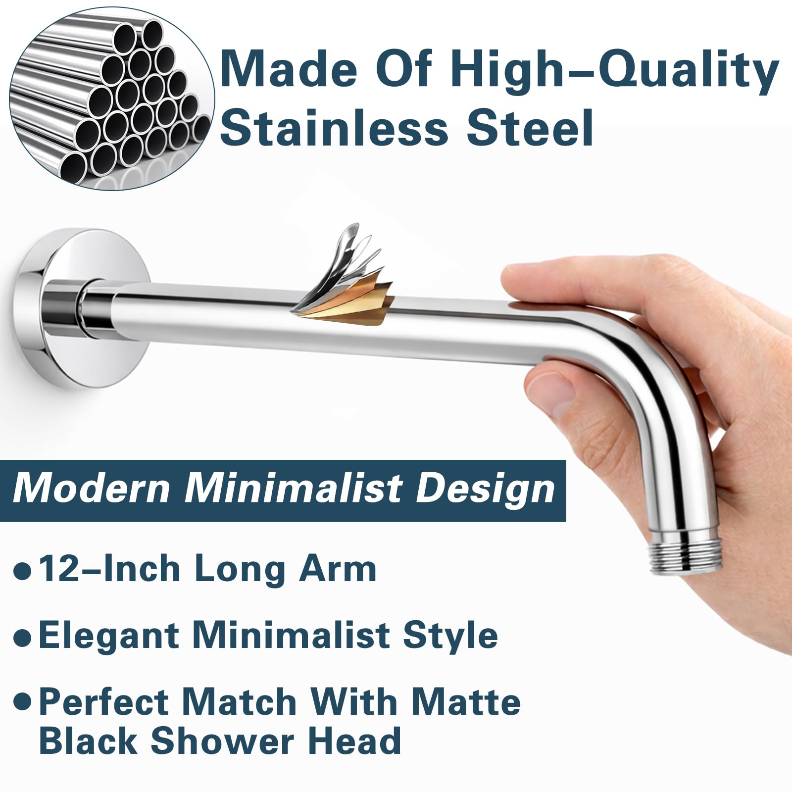 12 Inch Shower Arm with Flange, Wall Mount 90 Degree Shower Head Extension Arm, Stainless Steel Shower Head Arm for Fixed Shower Head & Handheld Showerhead, Brushed Chrome - 4