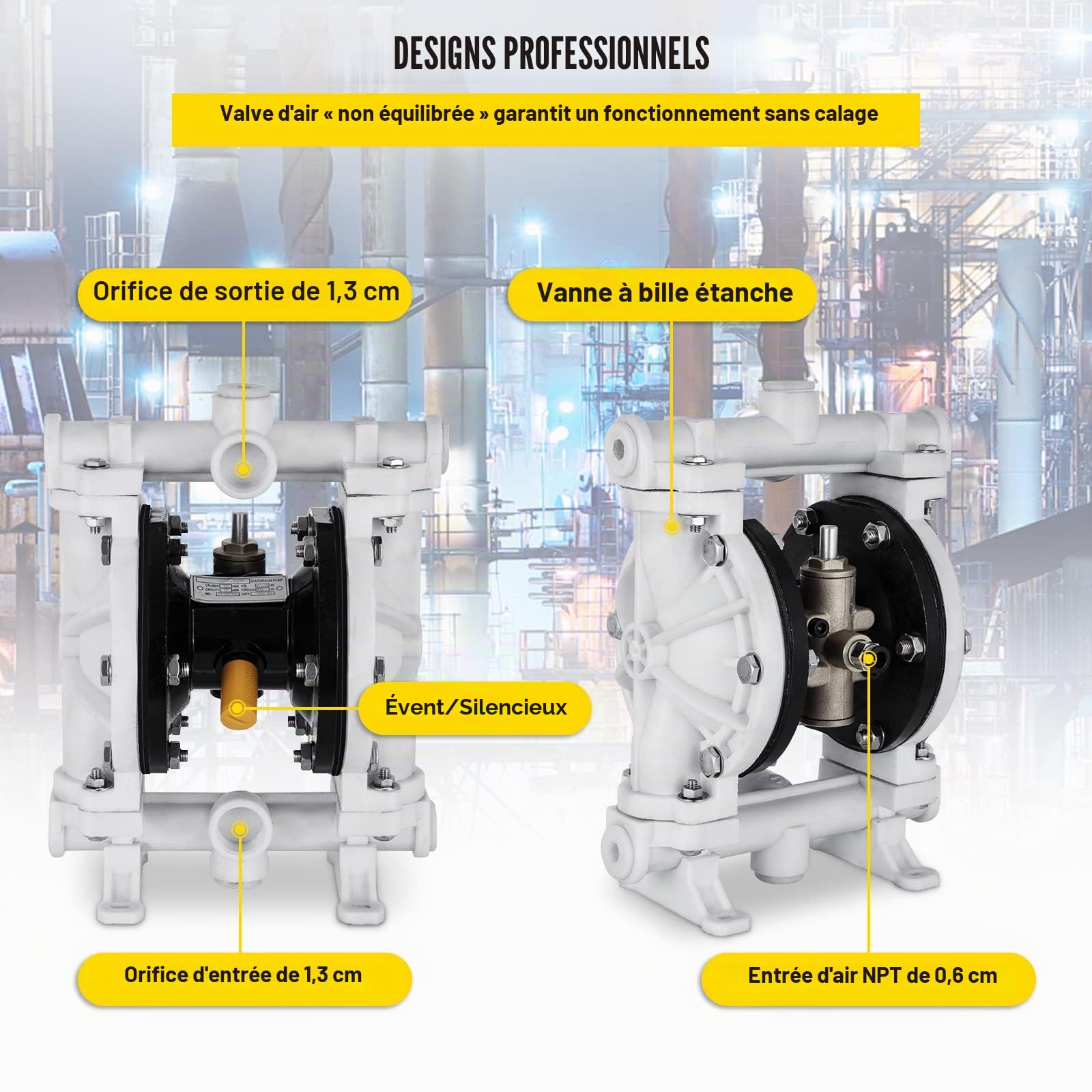 VEVOR Pompe pneumatique à double membrane, entrée et sortie 12,7 mm, 13,2 GPM et max 120 psi, pompe de transfert pneumatique à membrane PTFE pour pétrole, diesel, huile, fluides à faible viscosité