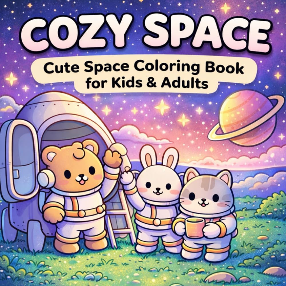 Cozy Space. Cute Space Coloring Book For Kids and Adults