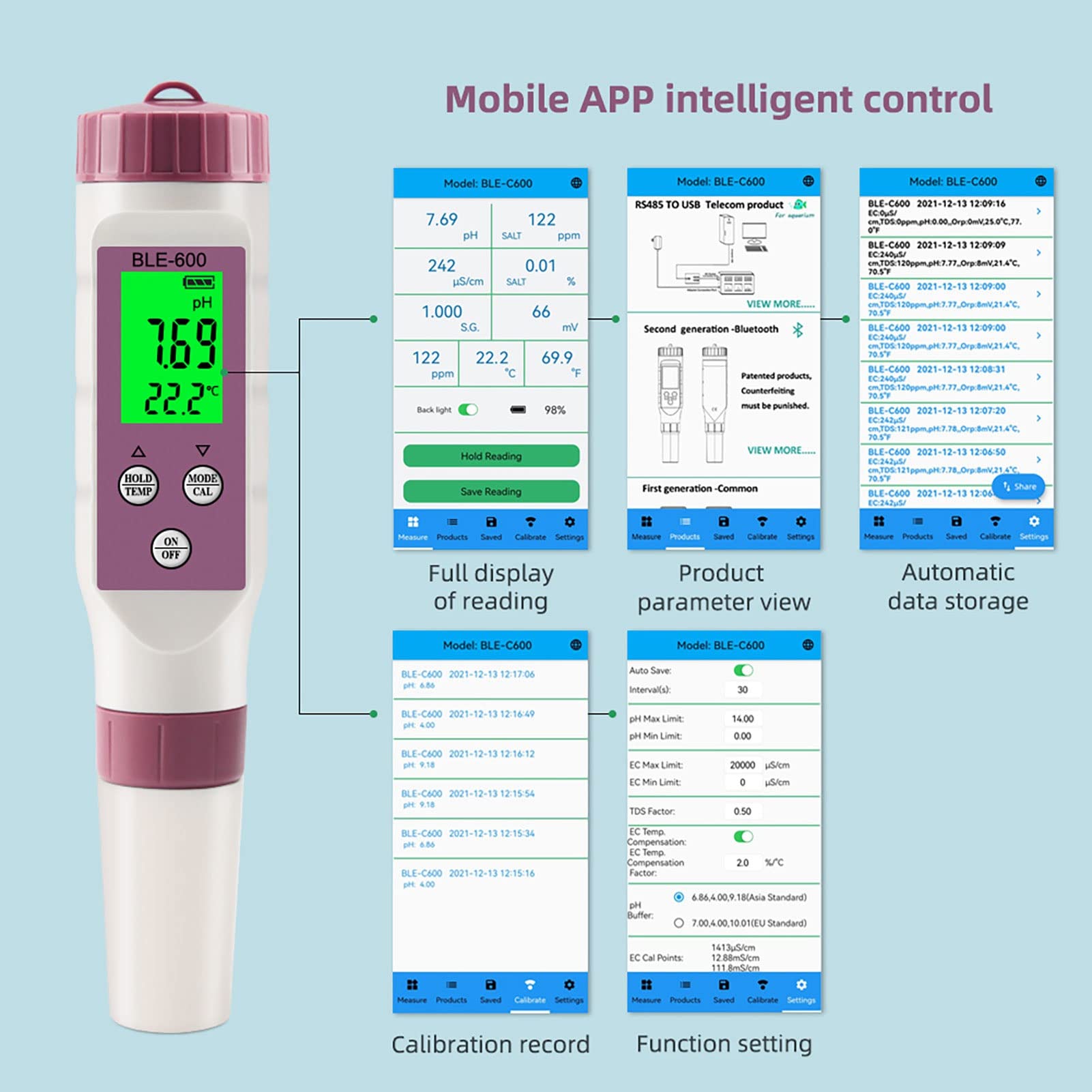 Zunate PH-mètre Numérique, 7 en 1 Bluetooth PH, TDS, EC, ORP, SG, Stylo Testeur de Salinité et de Température 0,01 Haute Précision pour la Consommation Domestique, la Culture Hydroponique