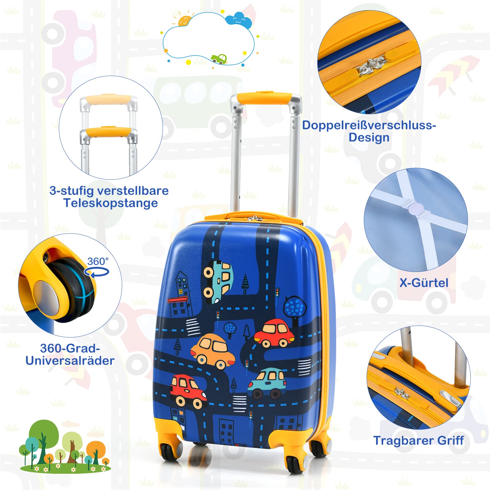 GOPLUS Kinderkoffer mit Rucksack, Kids Trolley, Kindergepäck mit Rollen, Reisekoffer mit Teleskopgriff, Hartschalenkoffer für Kinder, Kindertrolley Farbwahl (Cartoon-Auto, 12"+18")